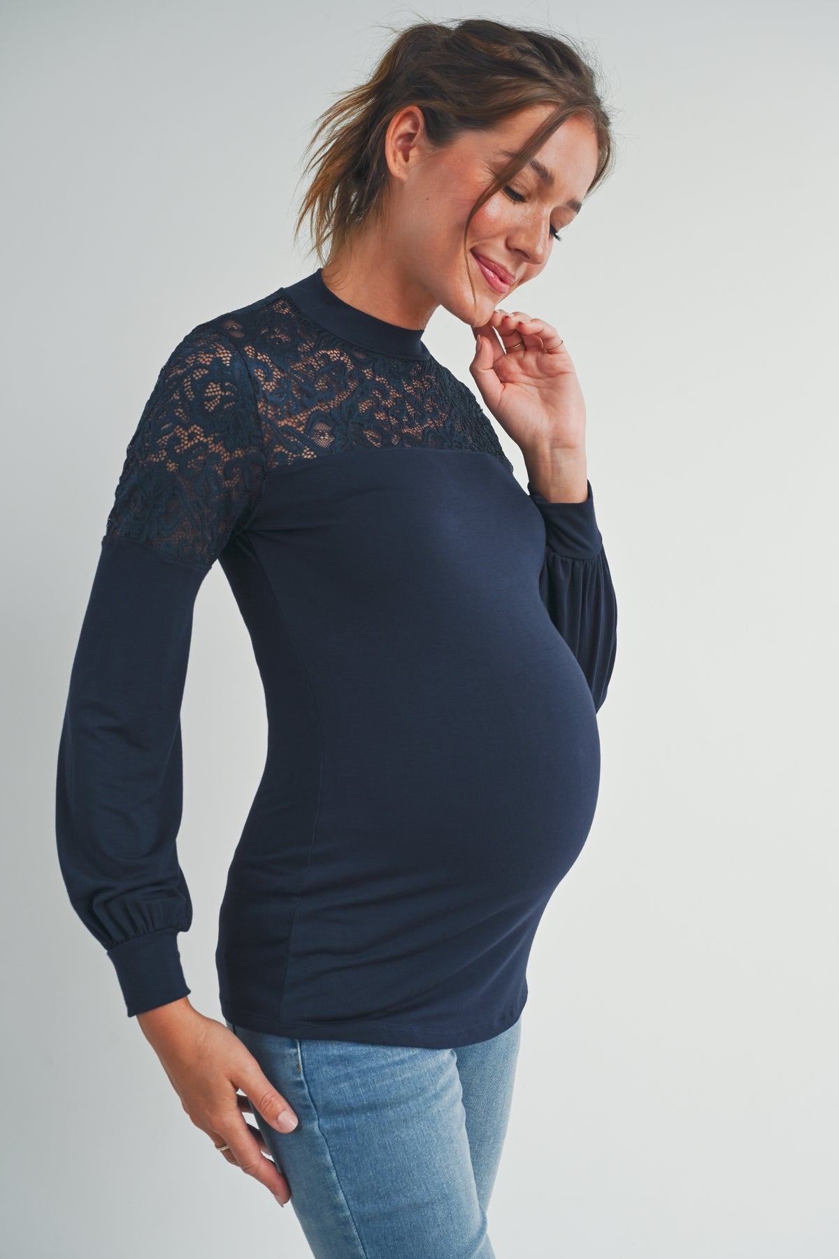 Navy Floral Lace Long Sleeve Mock Neck Maternity Top Side View