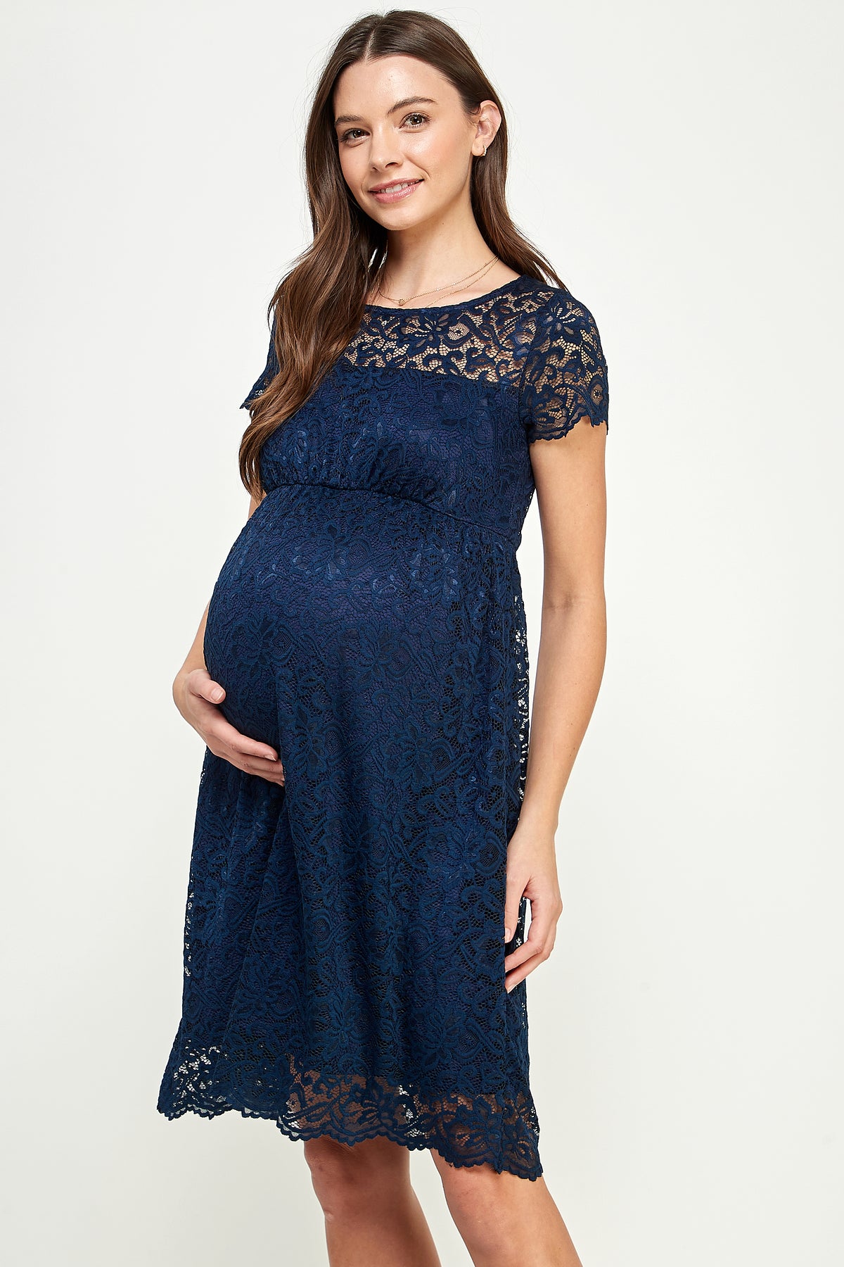 Navy Short Sleeve Lace Maternity Swing Dress