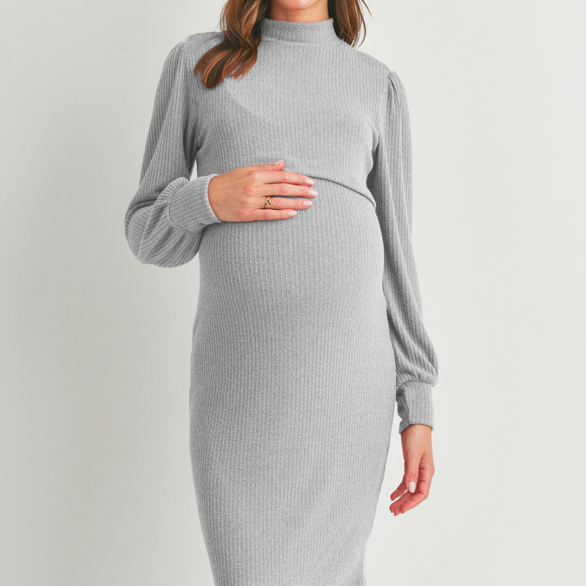 Heather Grey Mock Neck Ribbed Maternity Nursing Dress Front