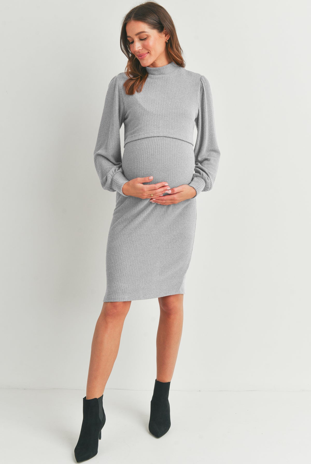 Heather Grey Mock Neck Ribbed Maternity Nursing Dress Full Body
