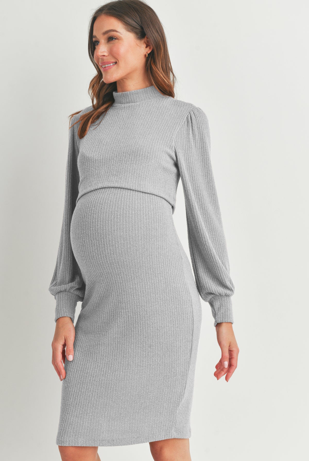 Heather Grey Mock Neck Ribbed Maternity Nursing Dress Side