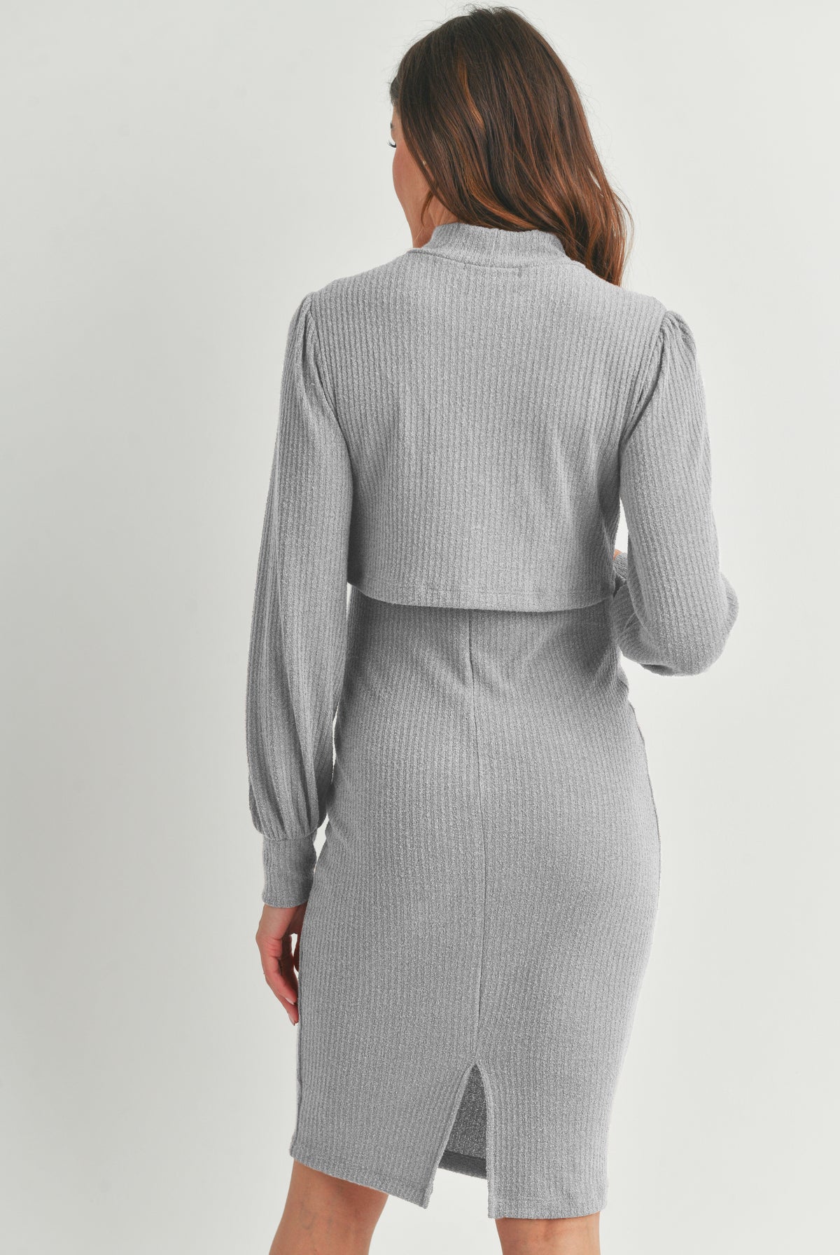 Heather Grey Mock Neck Ribbed Maternity Nursing Dress Back