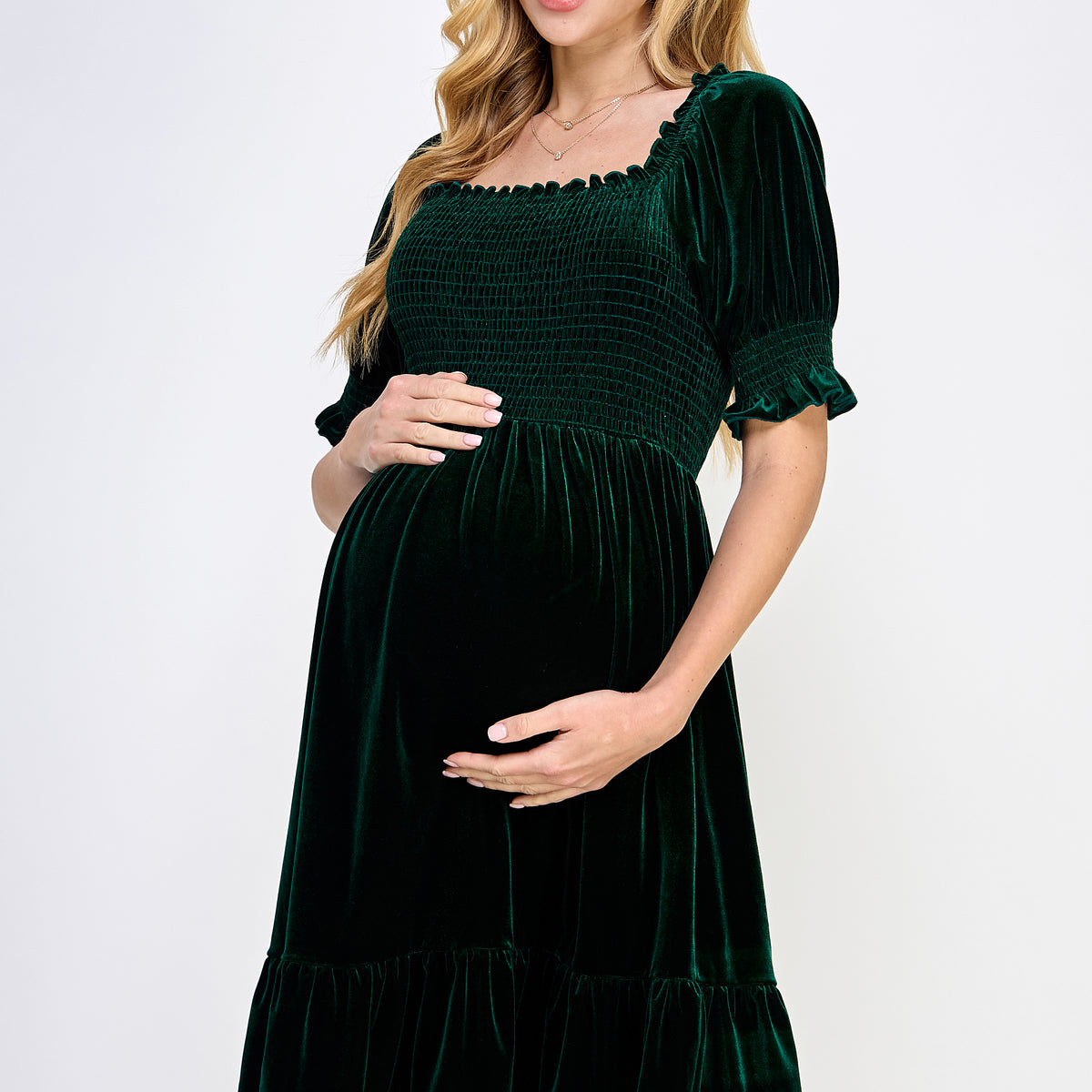 Hunter Green Velvet Puff Sleeve Smocked Maternity Dress Side