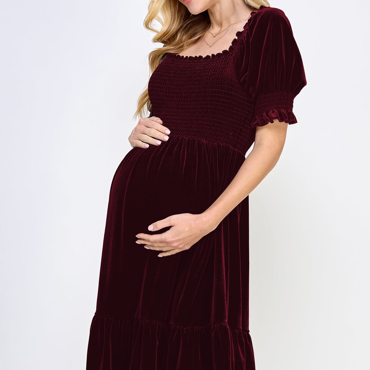 Burgundy Velvet Puff Sleeve Smocked Maternity Dress Side