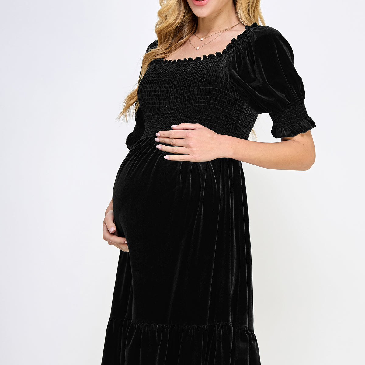 Black Velvet Puff Sleeve Smocked Maternity Dress Side
