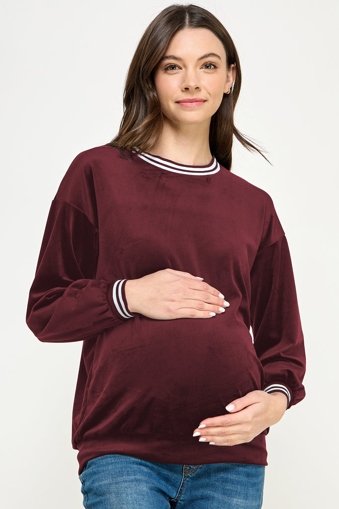 Burgundy Velvet Maternity Sweatshirt with Striped Collar Front