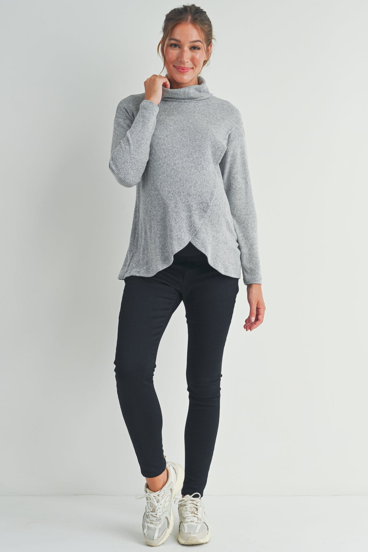 Heather Grey Ribbed Turtleneck Overlap Maternity Sweater Full Body