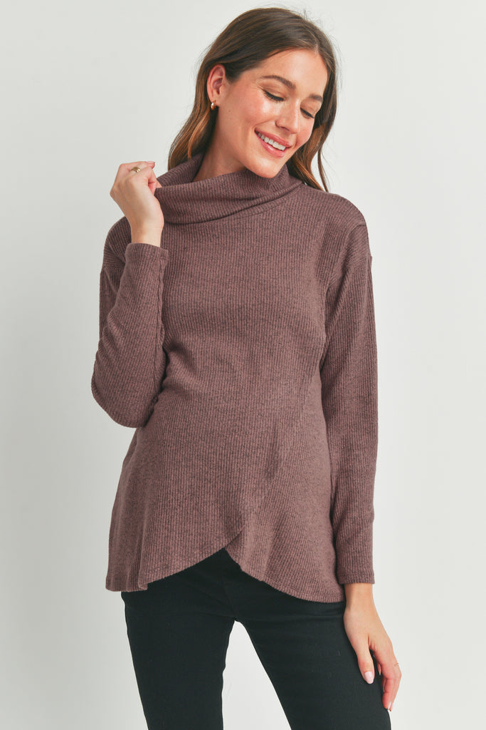 Mauve Ribbed Turtleneck Overlap Maternity Sweater Front