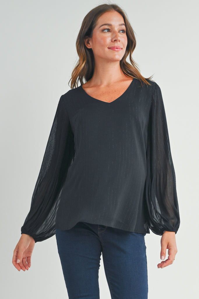 Black Pleated Long Sleeve V-Neck Maternity Top Front