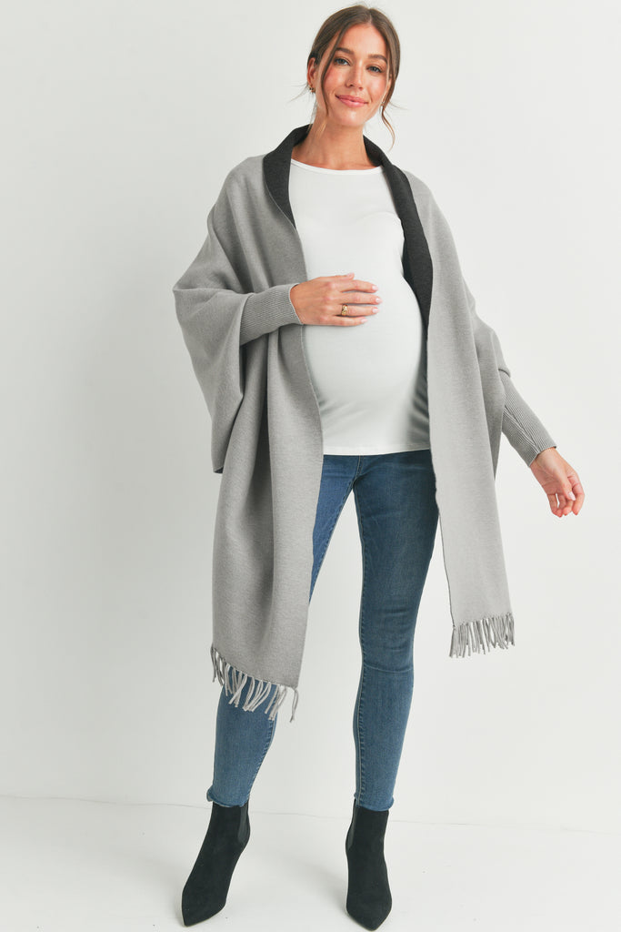 Grey/Charcoal Shawl Collar Maternity Sweater Pancho Full Body