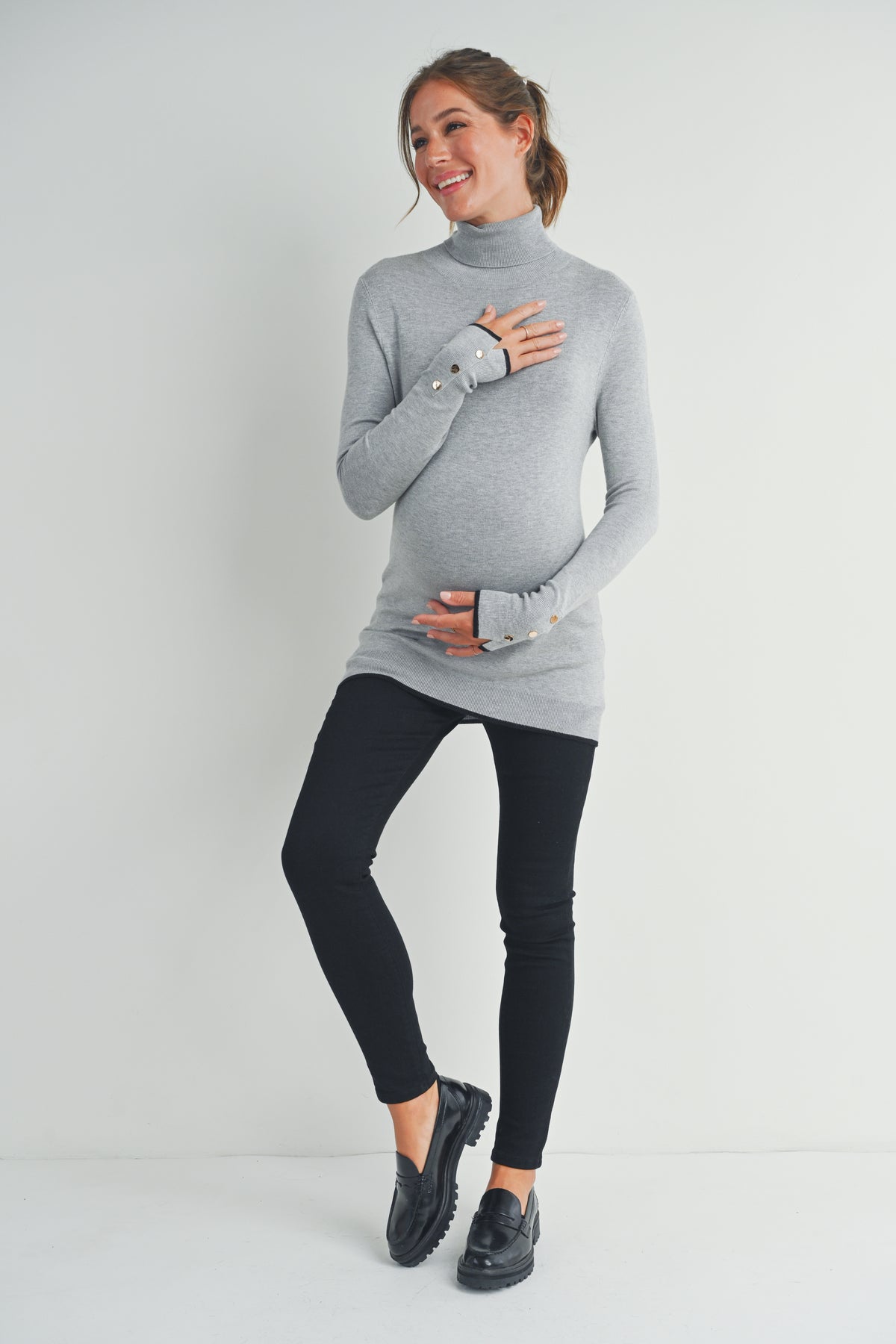 Heather Grey Turtle Neck Maternity Sweater with Button-Sleeves Full Body