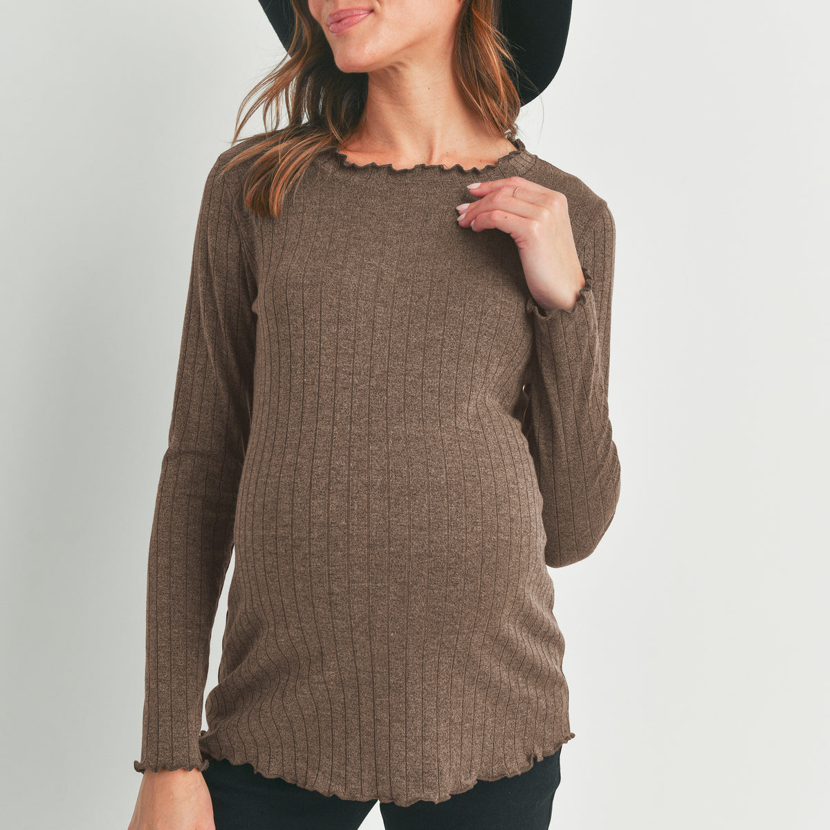 Brown Ribbed Merrow Lettuce Edge Maternity Top Front