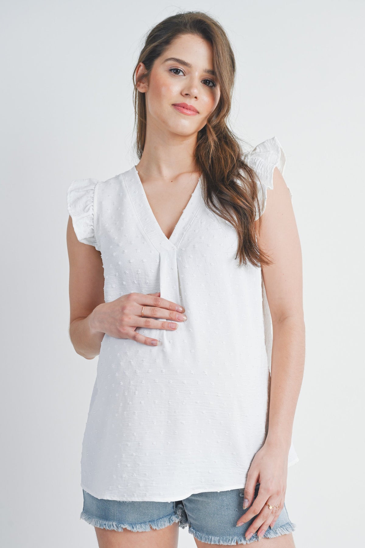 White Swiss Dot Cap Sleeve Maternity V Neck Top Front View