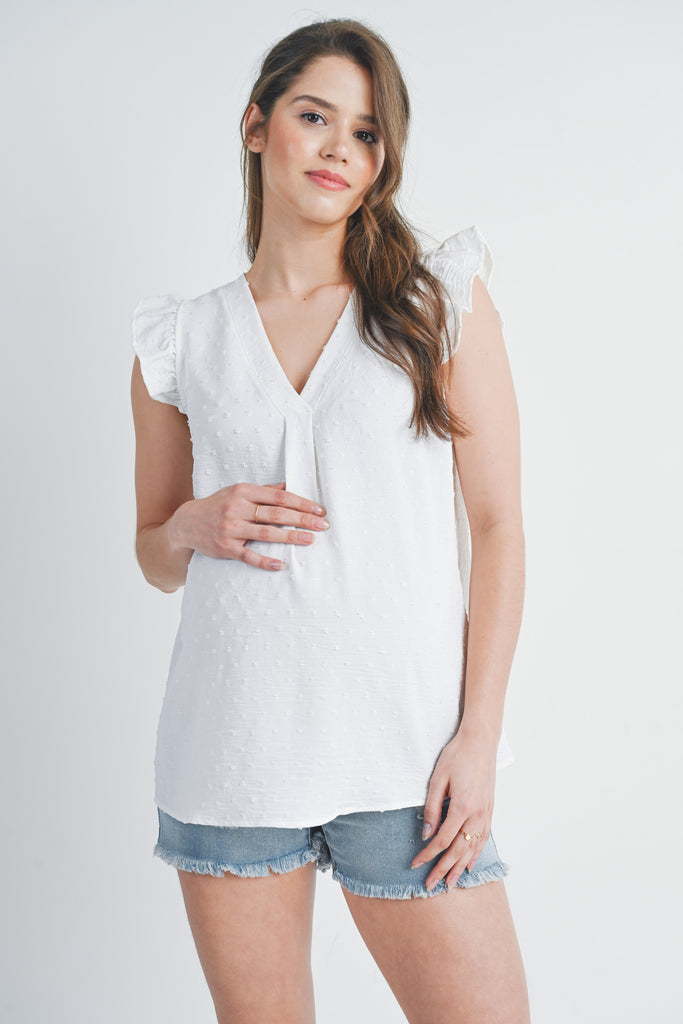 White Swiss Dot Cap Sleeve Maternity V Neck Top Front View