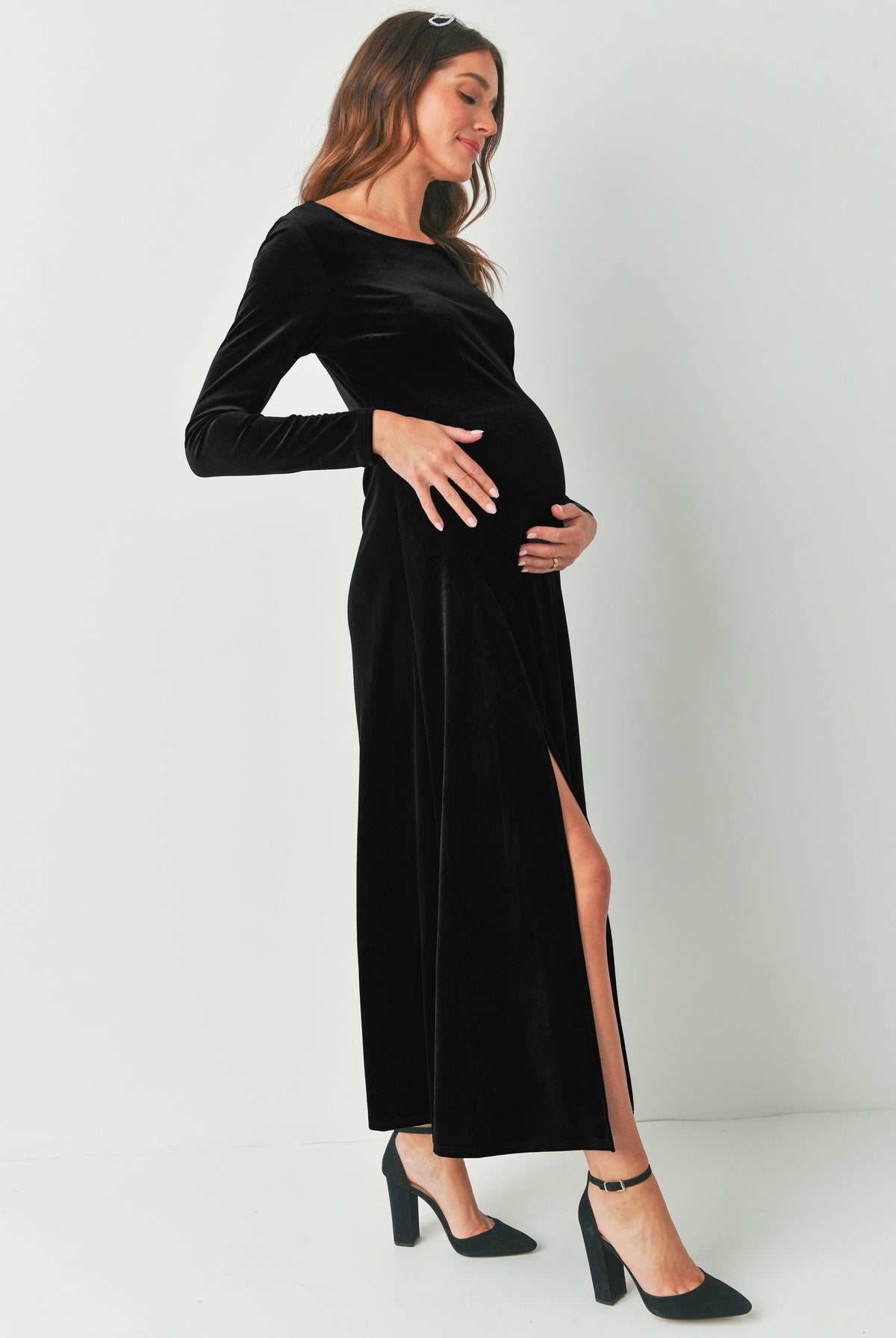 Velvet Round Neck Side Slit Maternity Dress