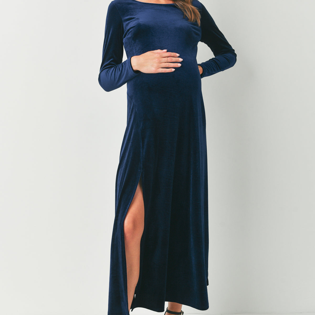 Velvet Round Neck Side Slit Maternity Dress