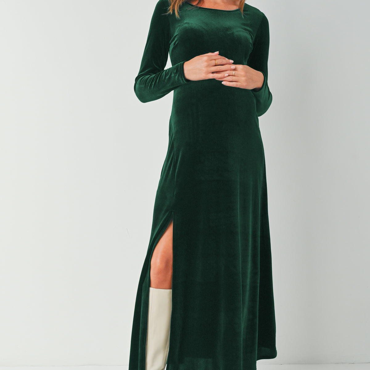 Velvet Round Neck Side Slit Maternity Dress