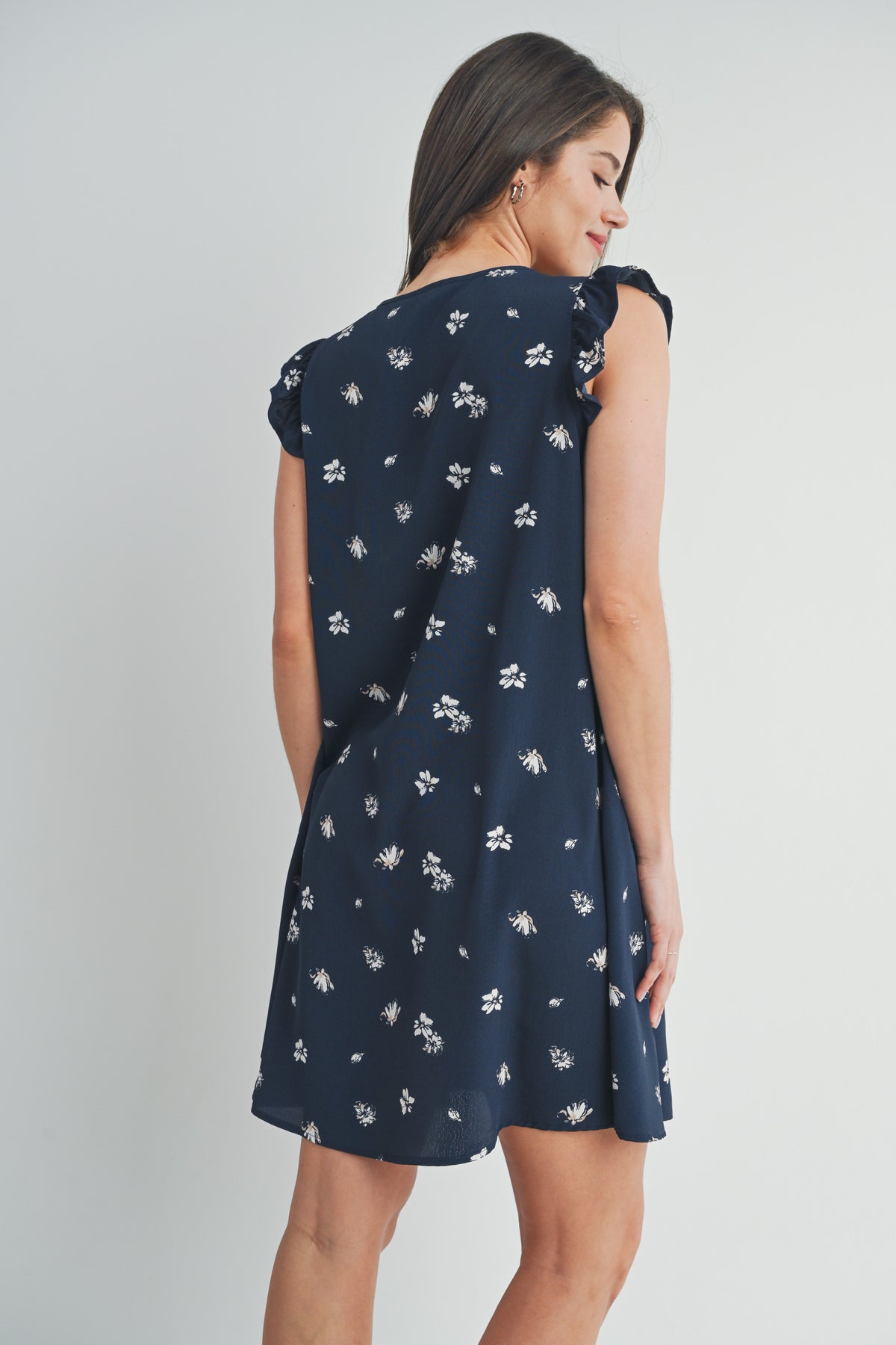 Navy Ruffle Cap Sleeve Maternity V Neck Dress Back View