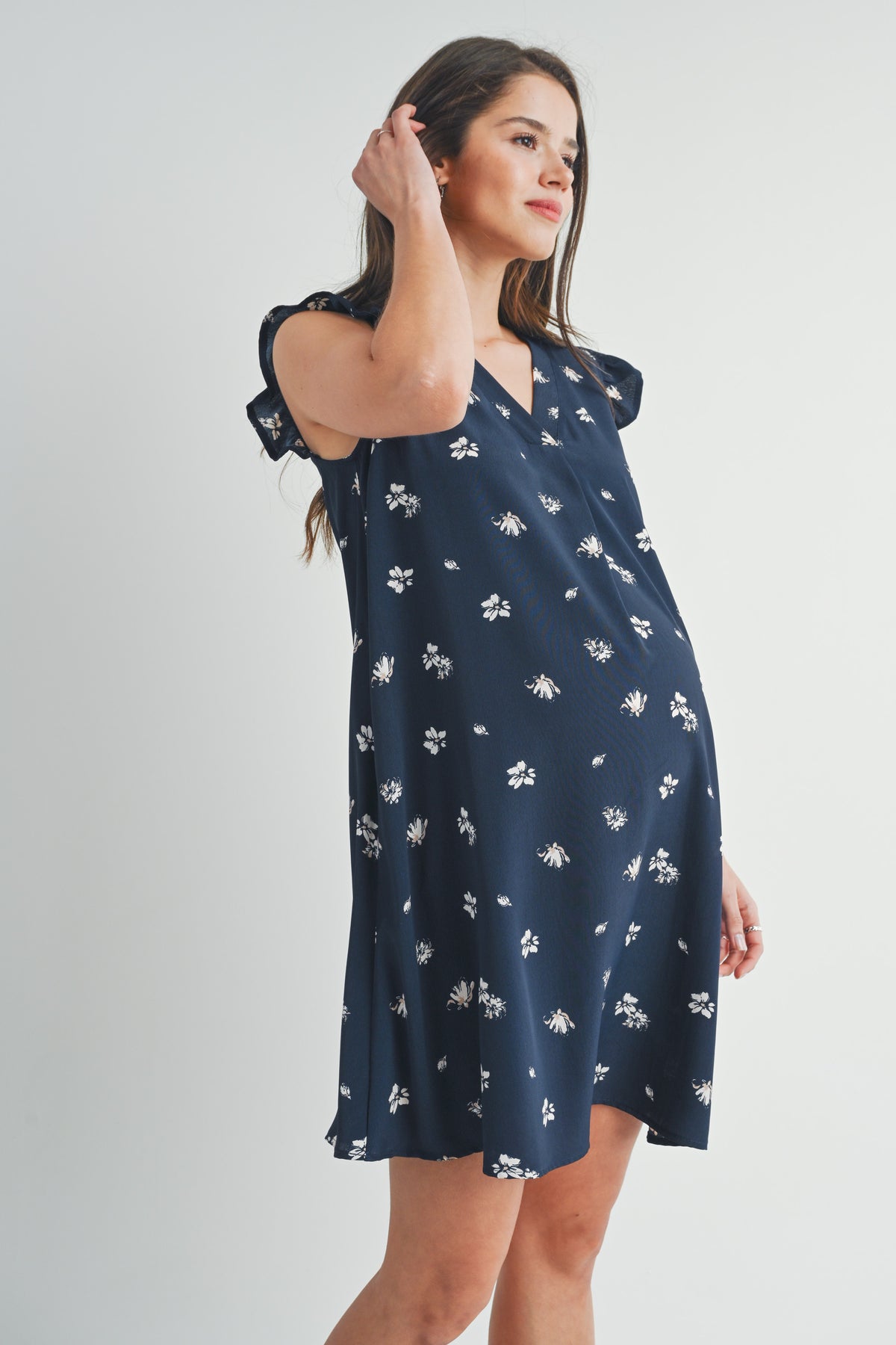 Navy Ruffle Cap Sleeve Maternity V Neck Dress Side View
