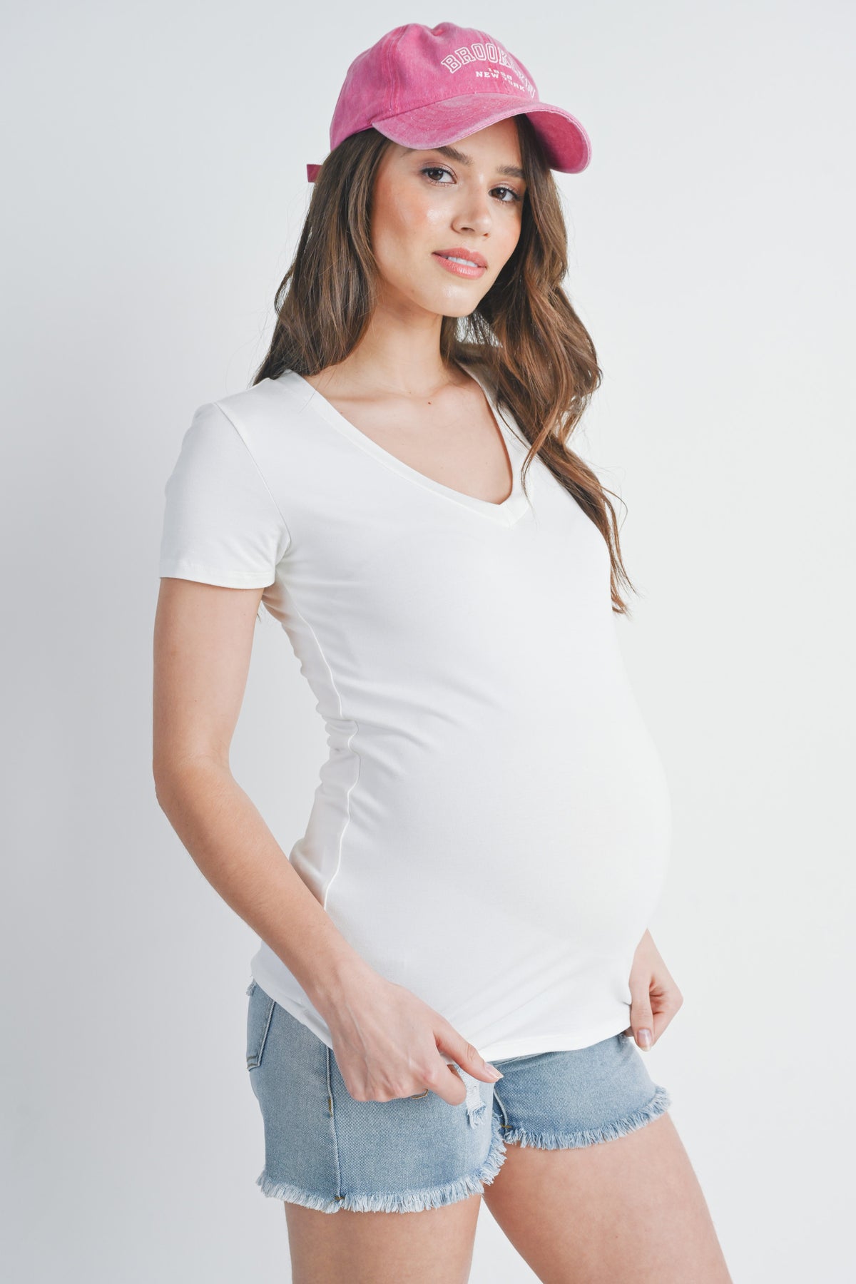 Ivory Basic V Neck Short Sleeve Maternity Top Side View