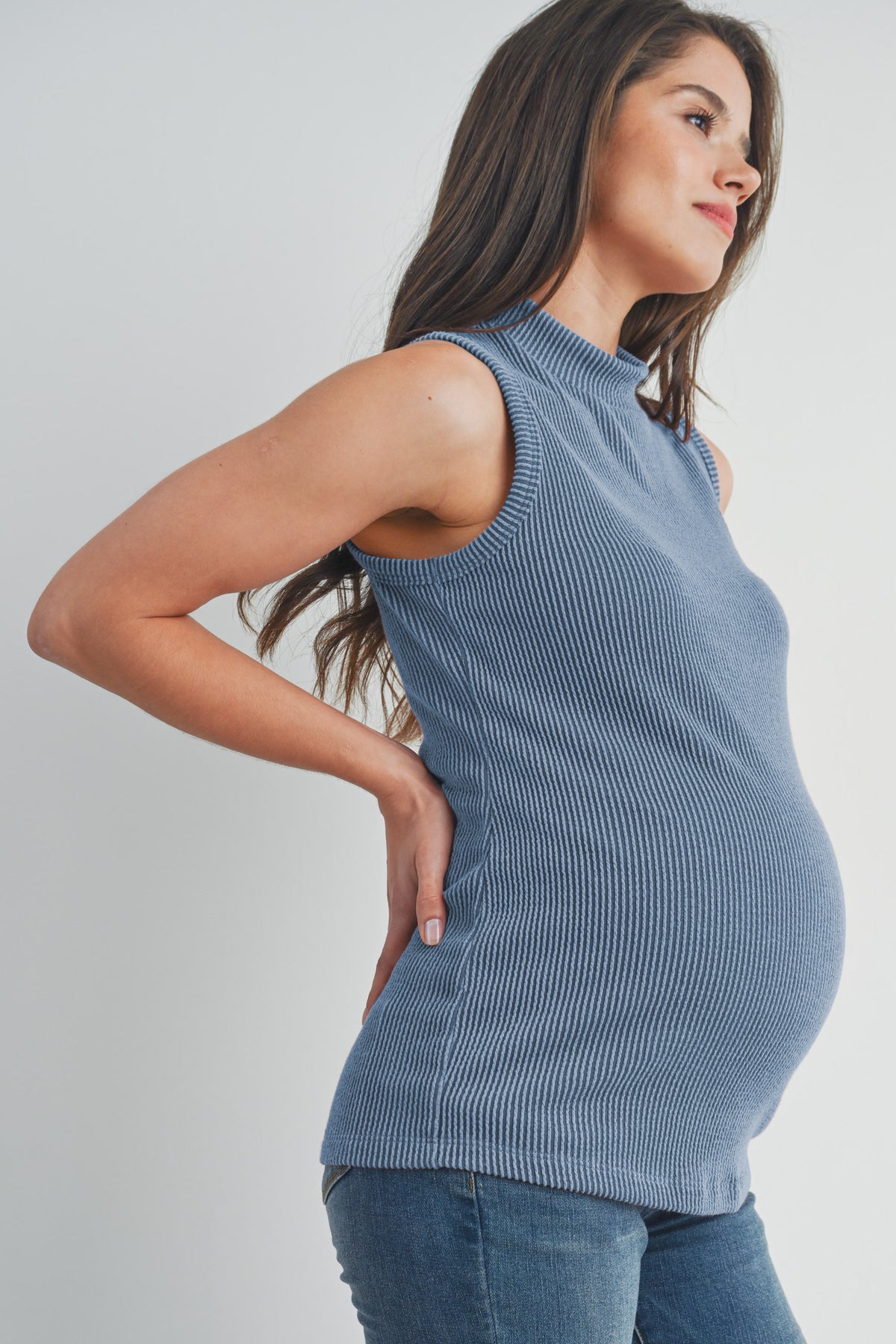 Denim Ribbed Mock Neck Maternity Tank Top Side View