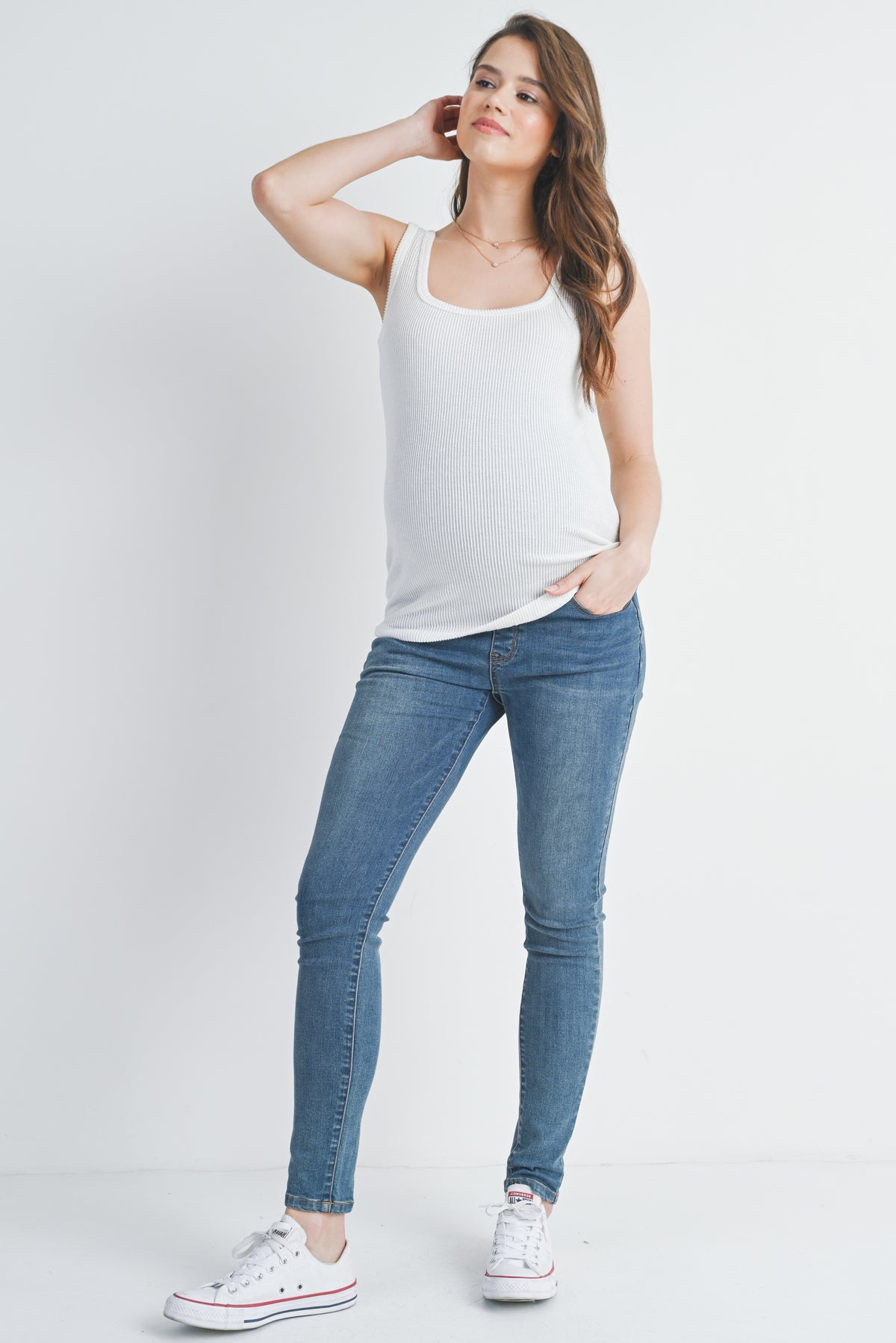 White Ribbed Square Neck Maternity Tank Top Full Body