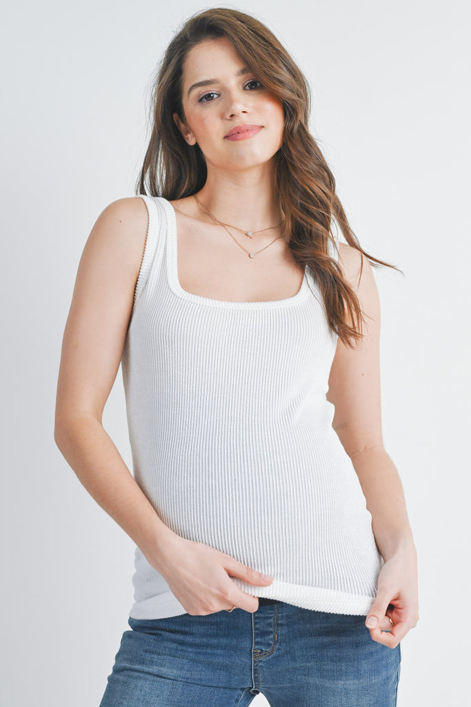 White Ribbed Square Neck Maternity Tank Top Front View