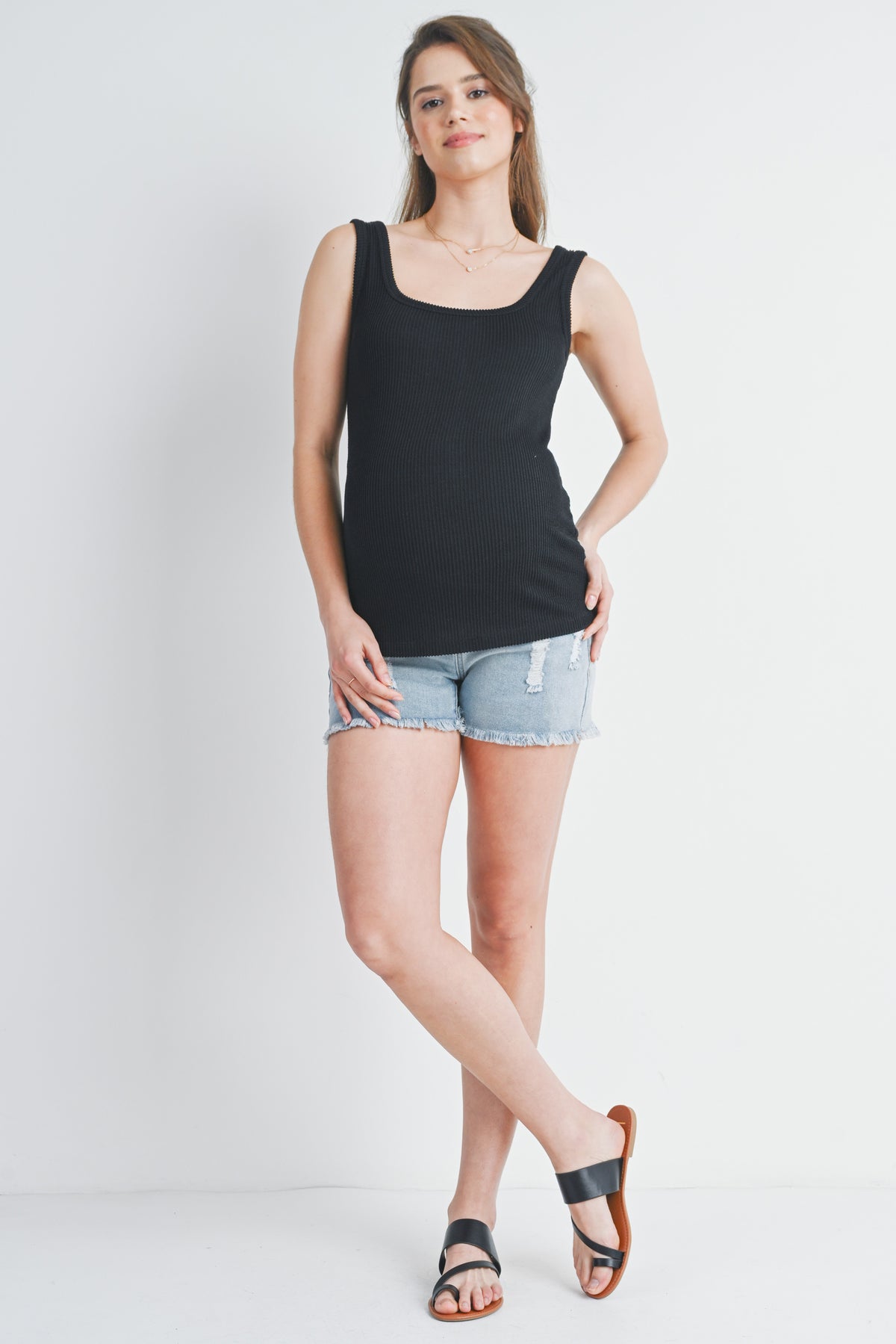 Black Ribbed Square Neck Maternity Tank Top Full Body