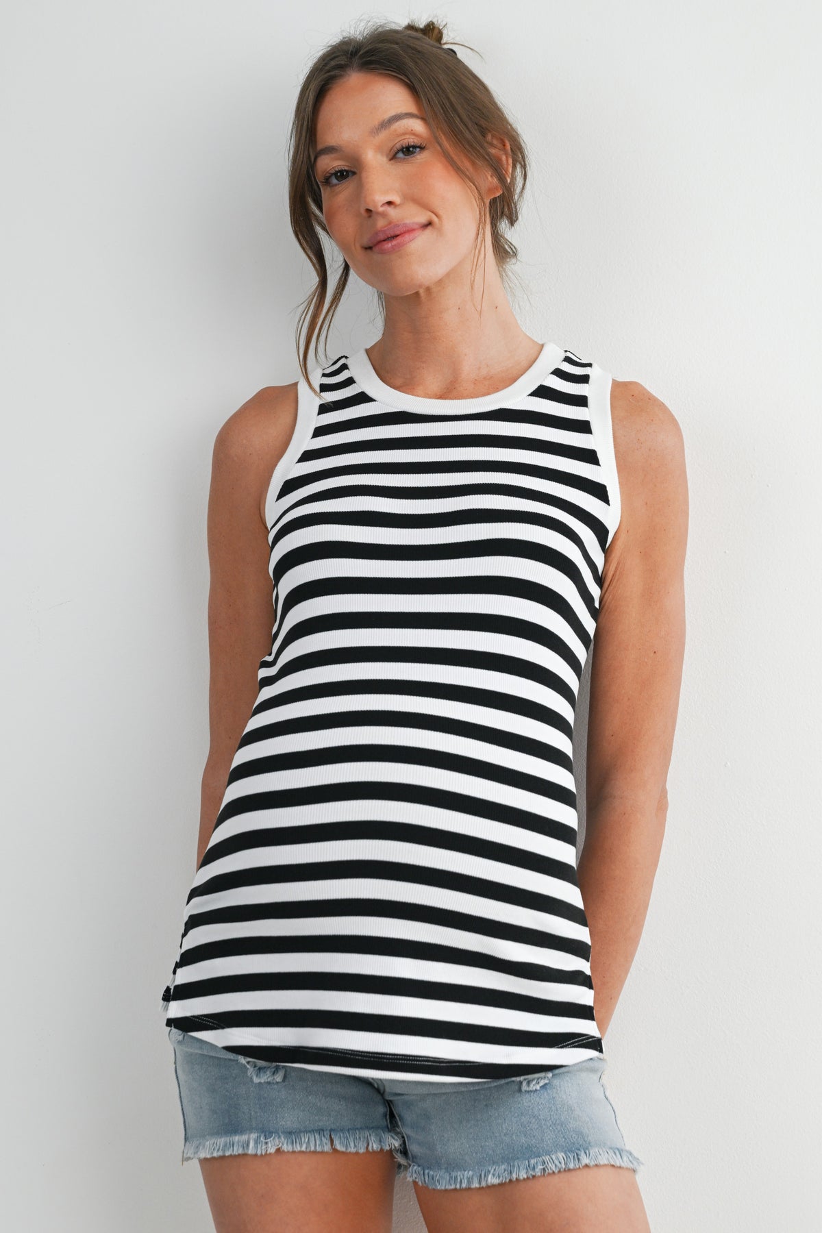 Black/White Striped Round Neck Maternity Tank Top Front View