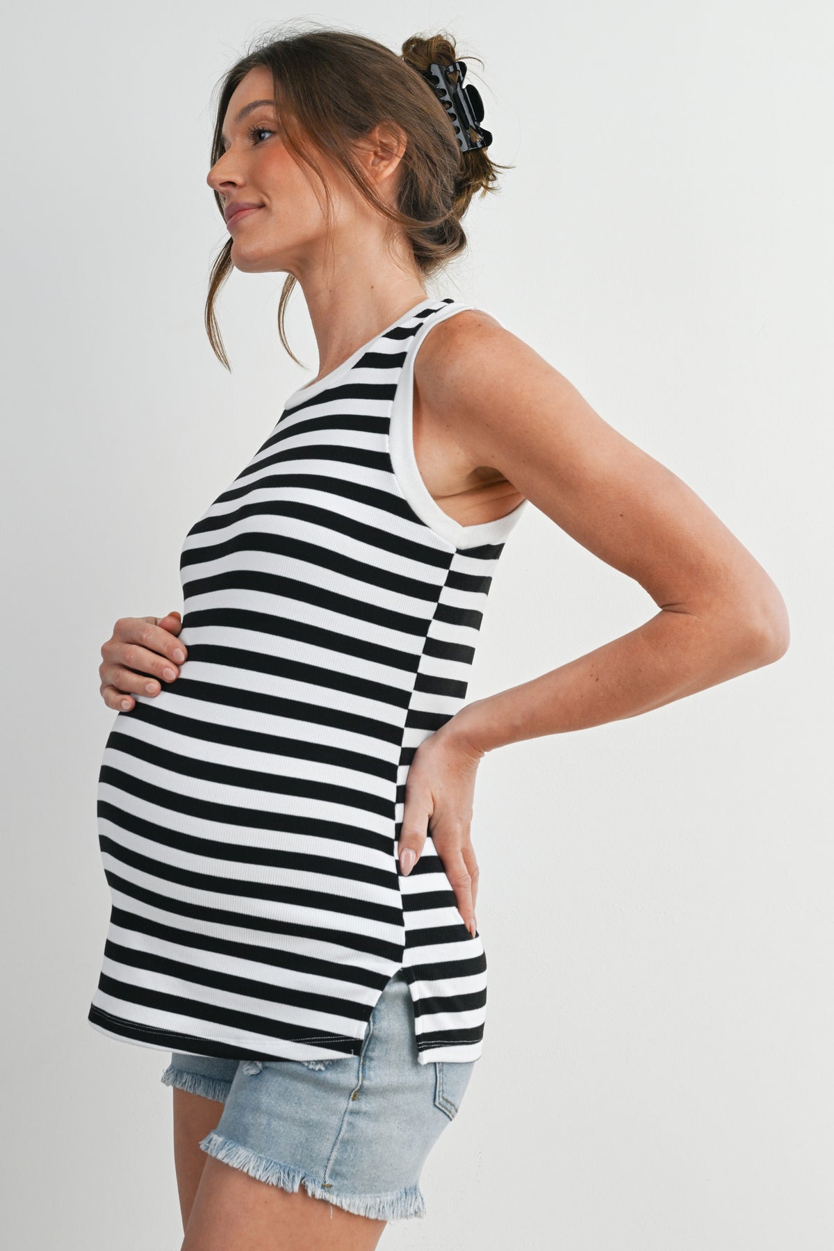 Black/White Striped Round Neck Maternity Tank Top Side View