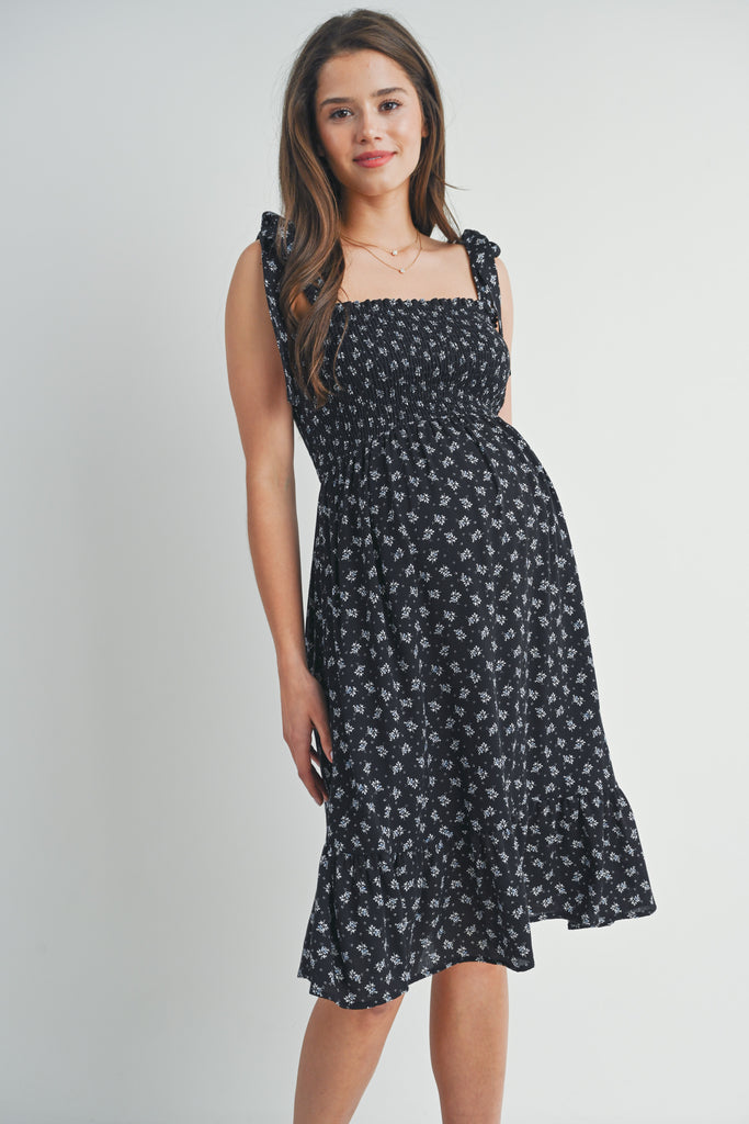 Black Floral Smocked Tie Shoulder Maternity Dress Front View