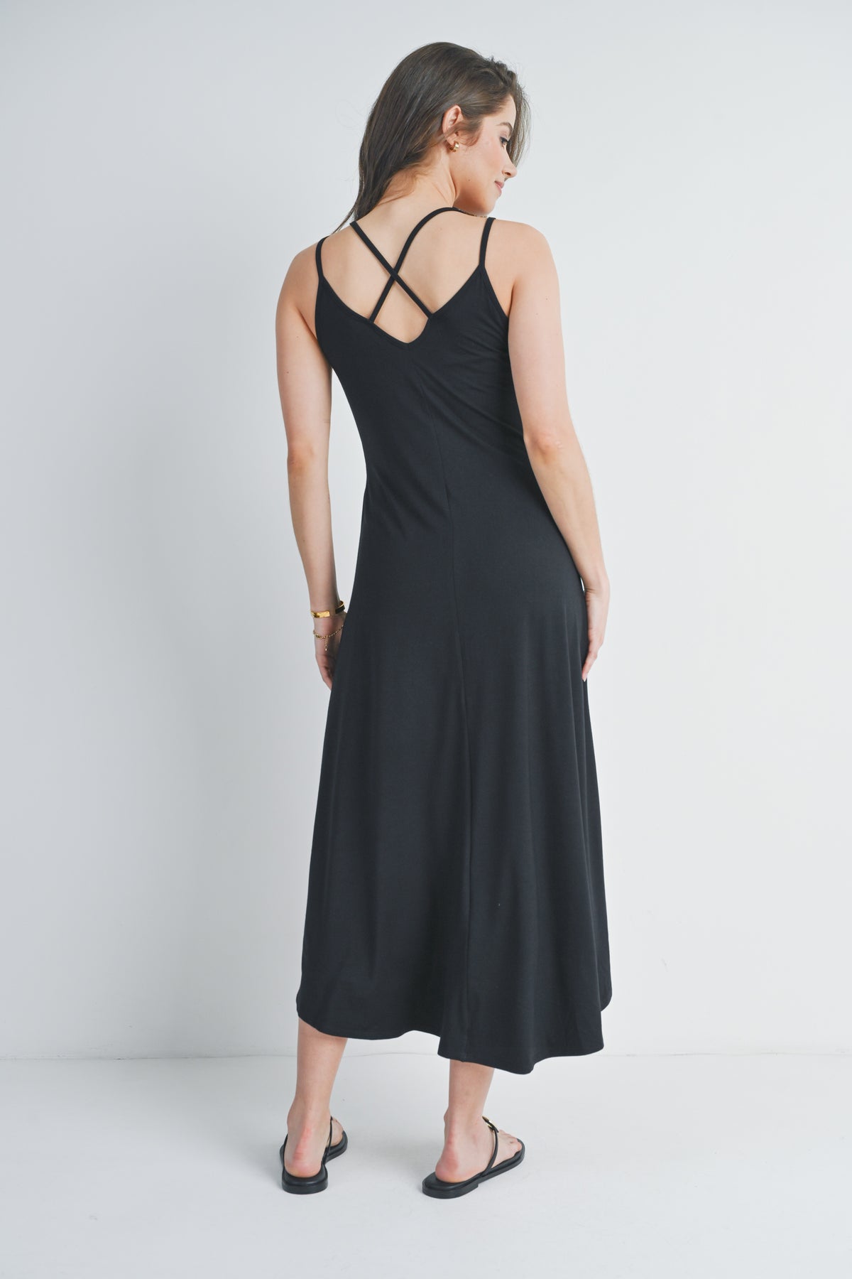 Black Hi-Lo V Neck Sleeveless Maternity Midi Dress Back View