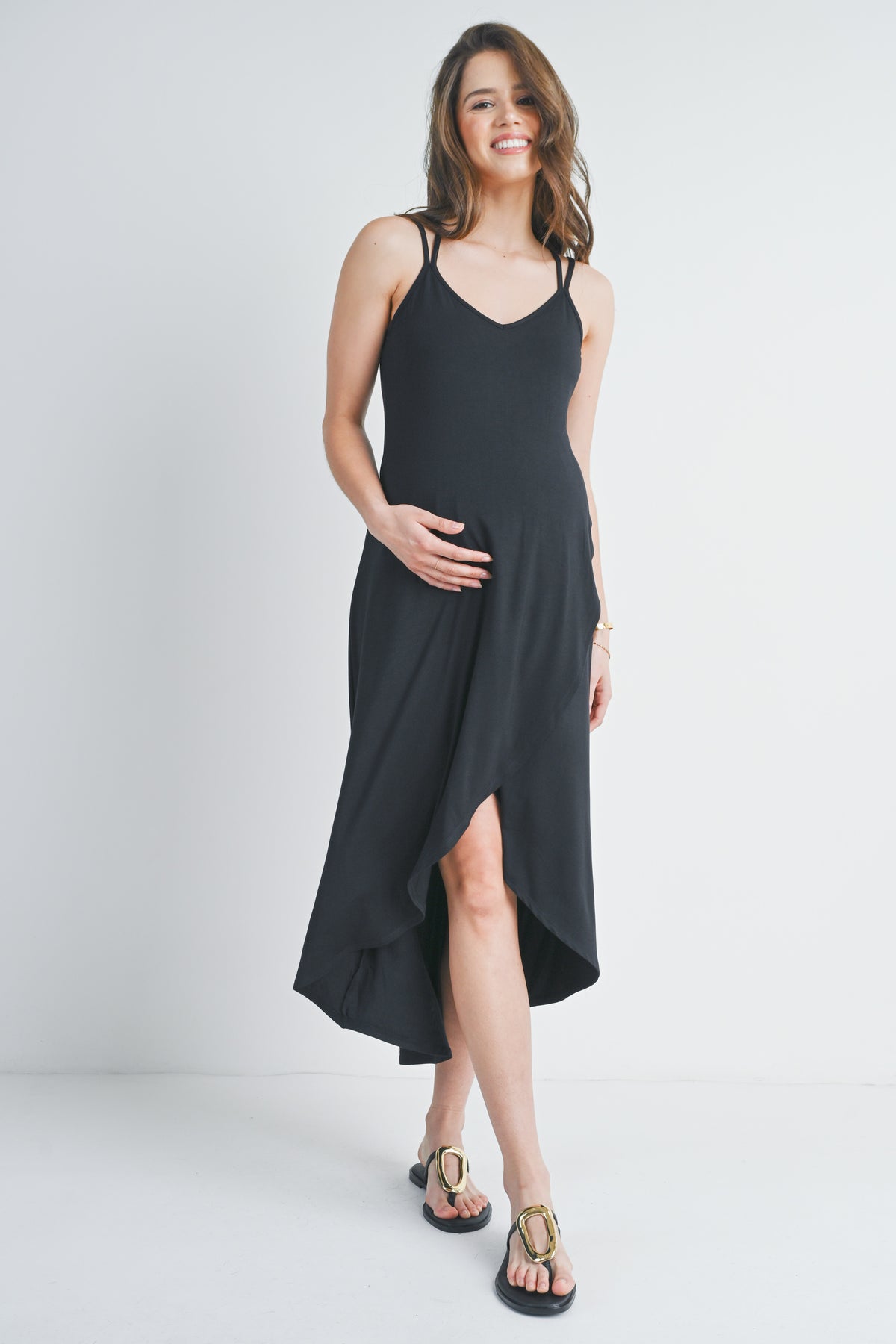 Black Hi-Lo V Neck Sleeveless Maternity Midi Dress Front View