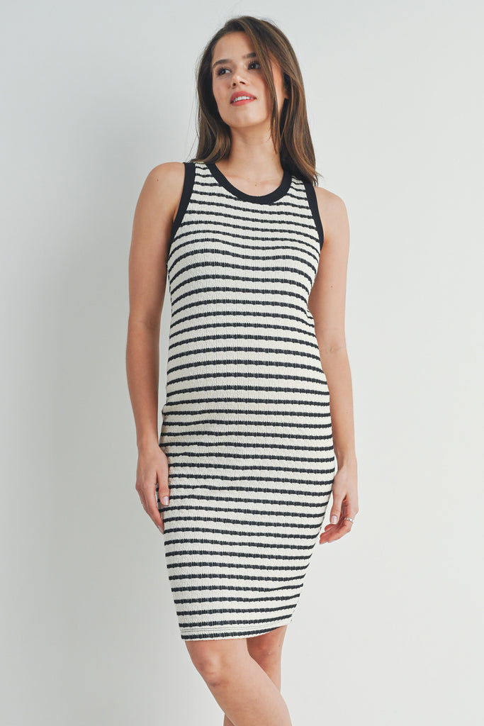 Cream Black Stripped Bodycon Maternity Tank Dress Front View