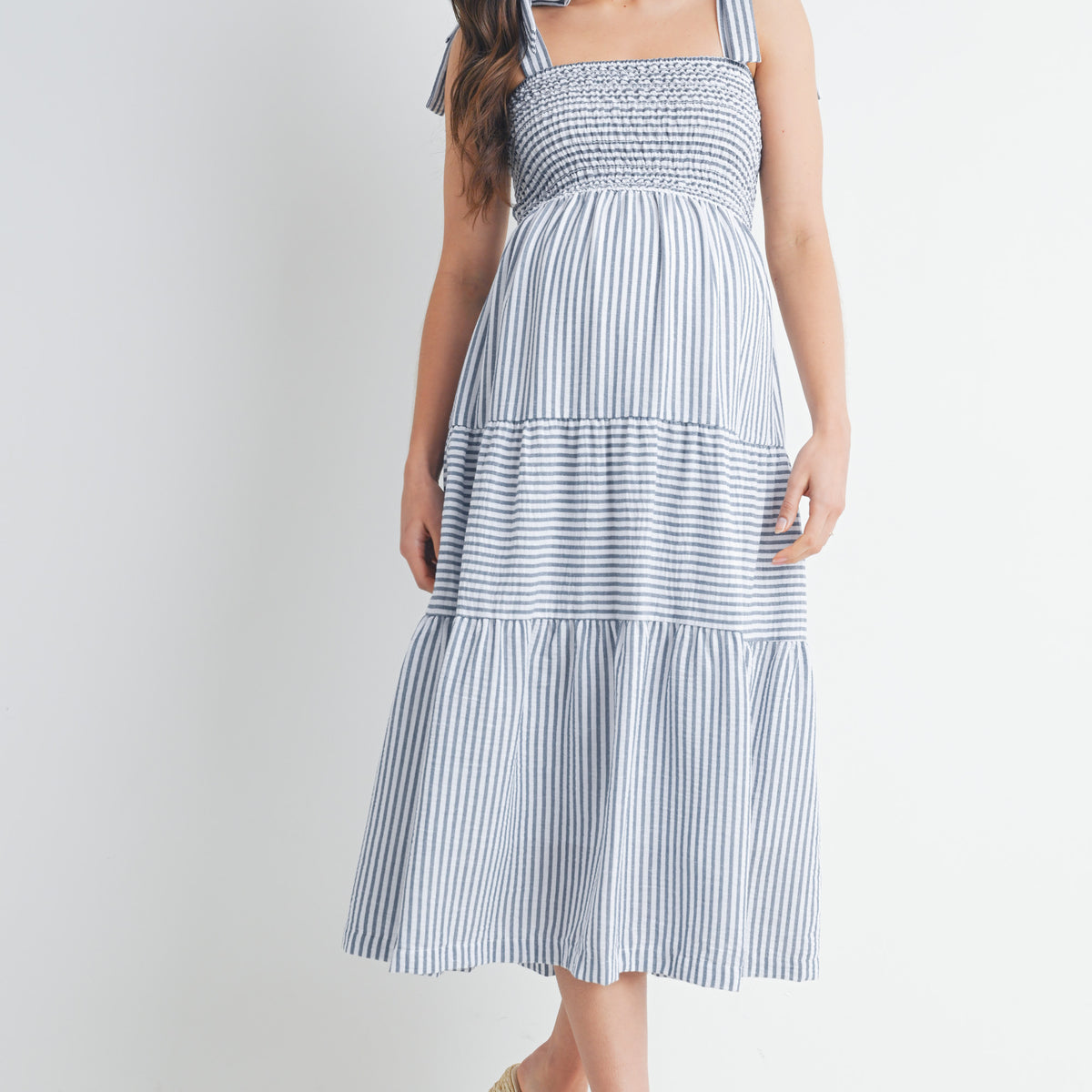 Denim Striped Smocking Tiered Maternity Midi Dress Front View