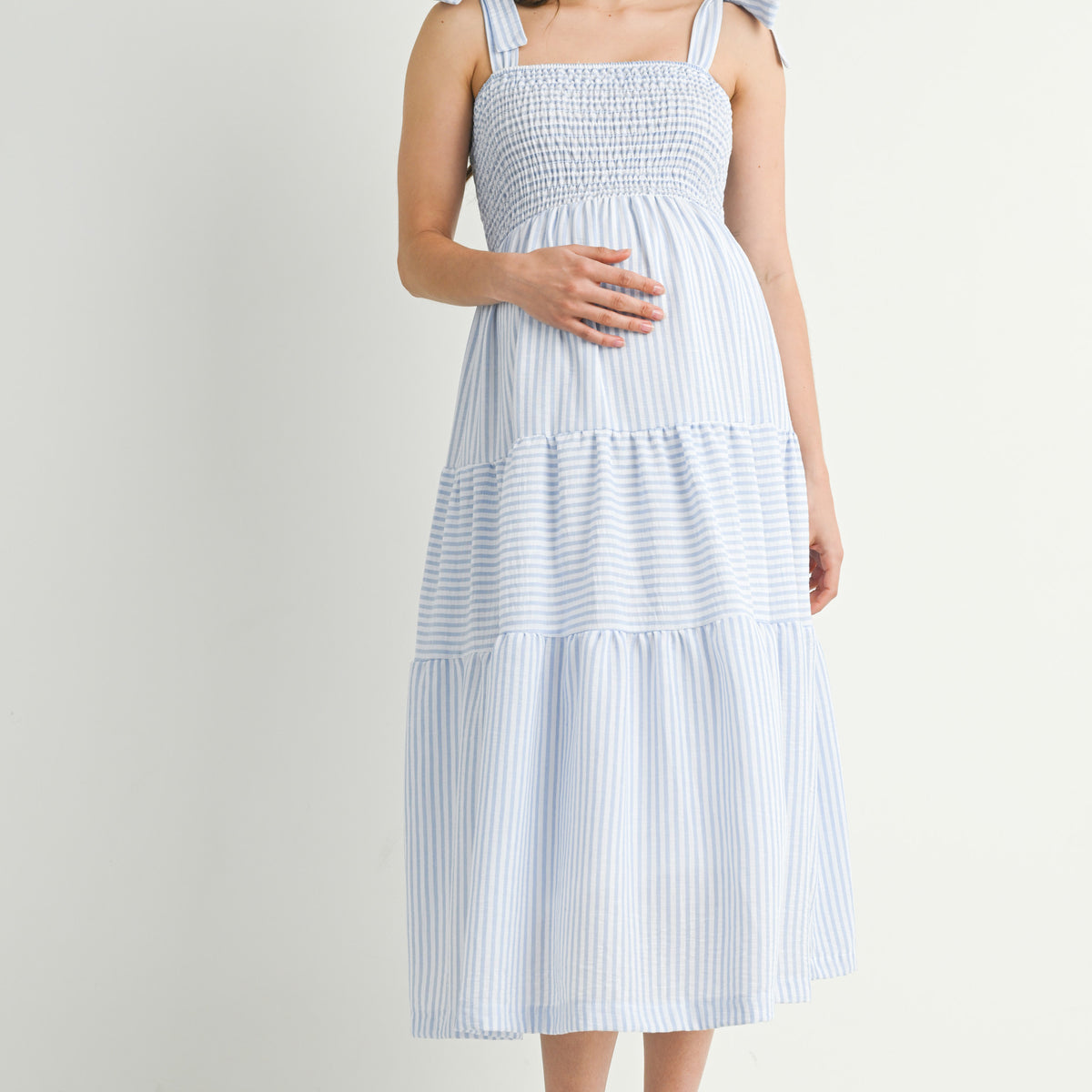 Chambray Striped Smocking Tiered Maternity Midi Dress Front View