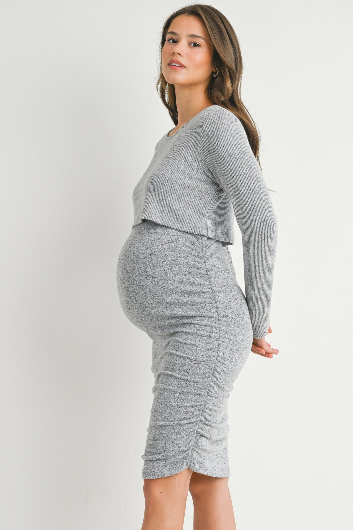 Heather Grey Ribbed Double Layer Long Sleeve Side Ruched Maternity Nursing Friendly Dress Side View