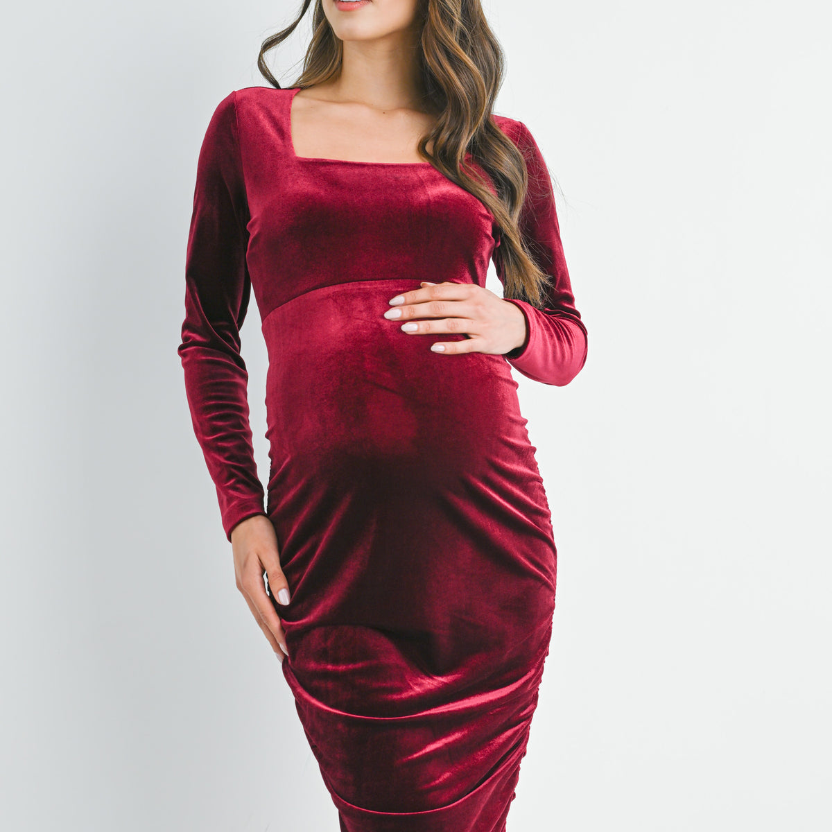 Burgundy Fitted Velvet Square Neck Side Ruched Maternity Dress Front
View