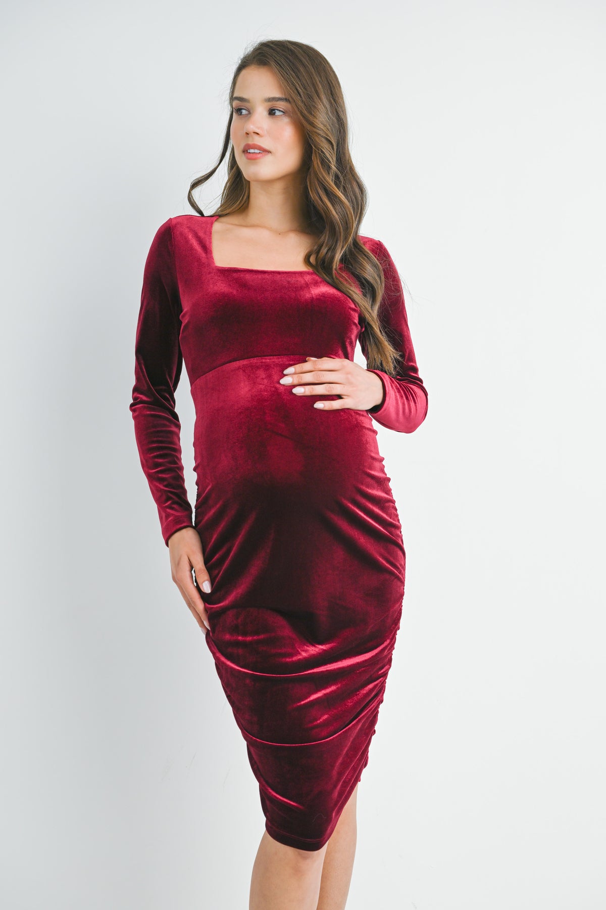Burgundy Fitted Velvet Square Neck Side Ruched Maternity Dress Front
View