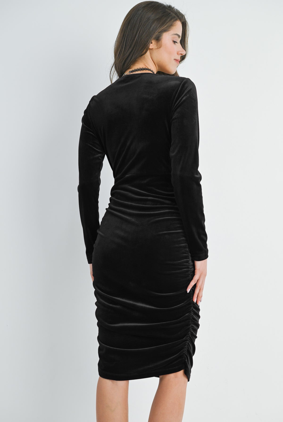 Black Fitted Velvet Square Neck Side Ruched Maternity Dress Back View