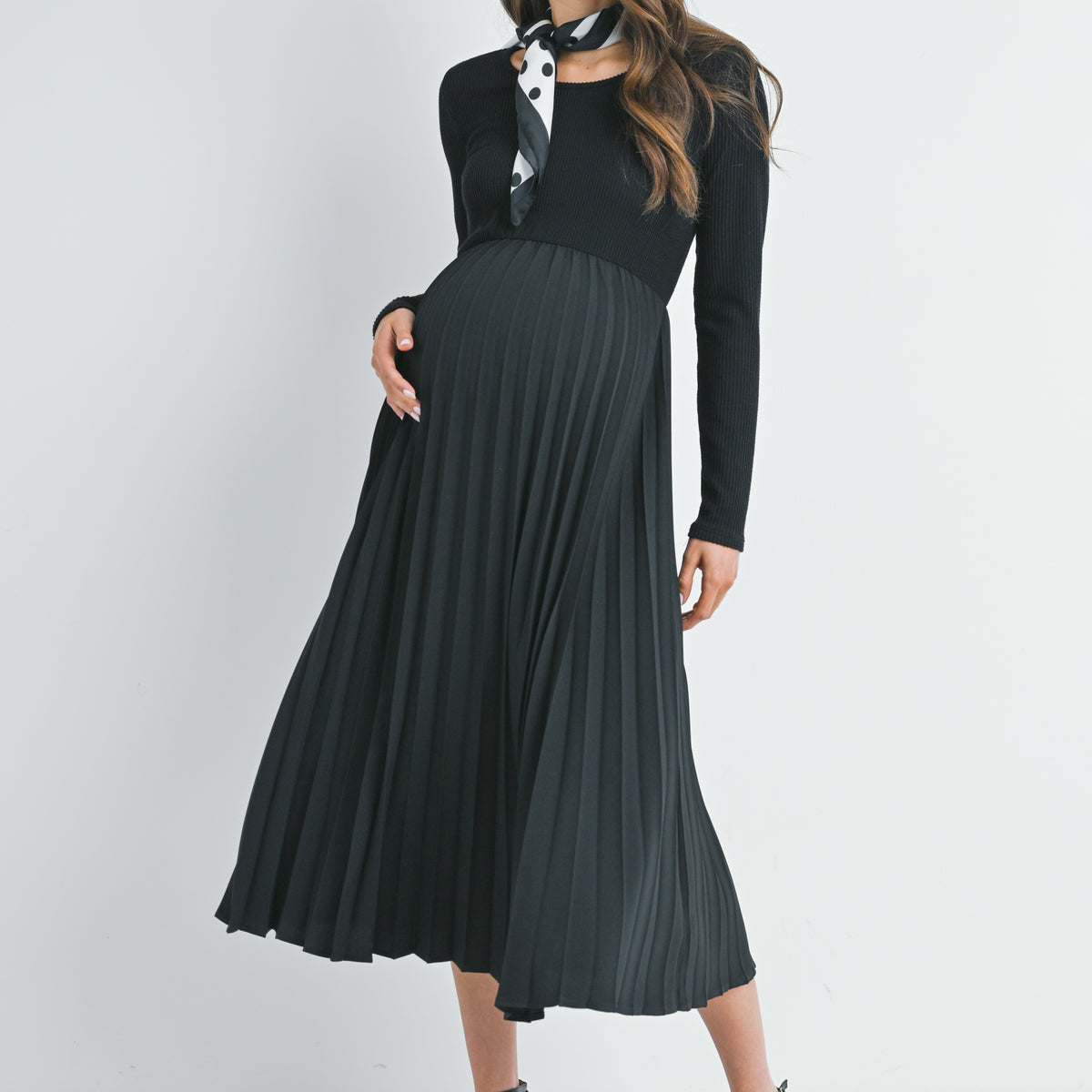 Black Long Sleeve Pleated Skirt Maternity Dress Front View