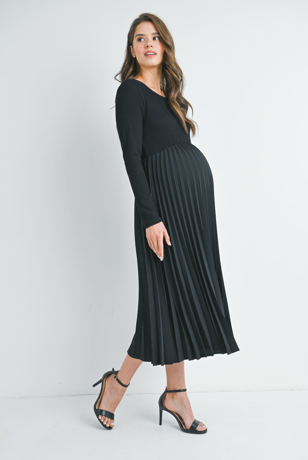 Black Long Sleeve Pleated Skirt Maternity Dress Side View
