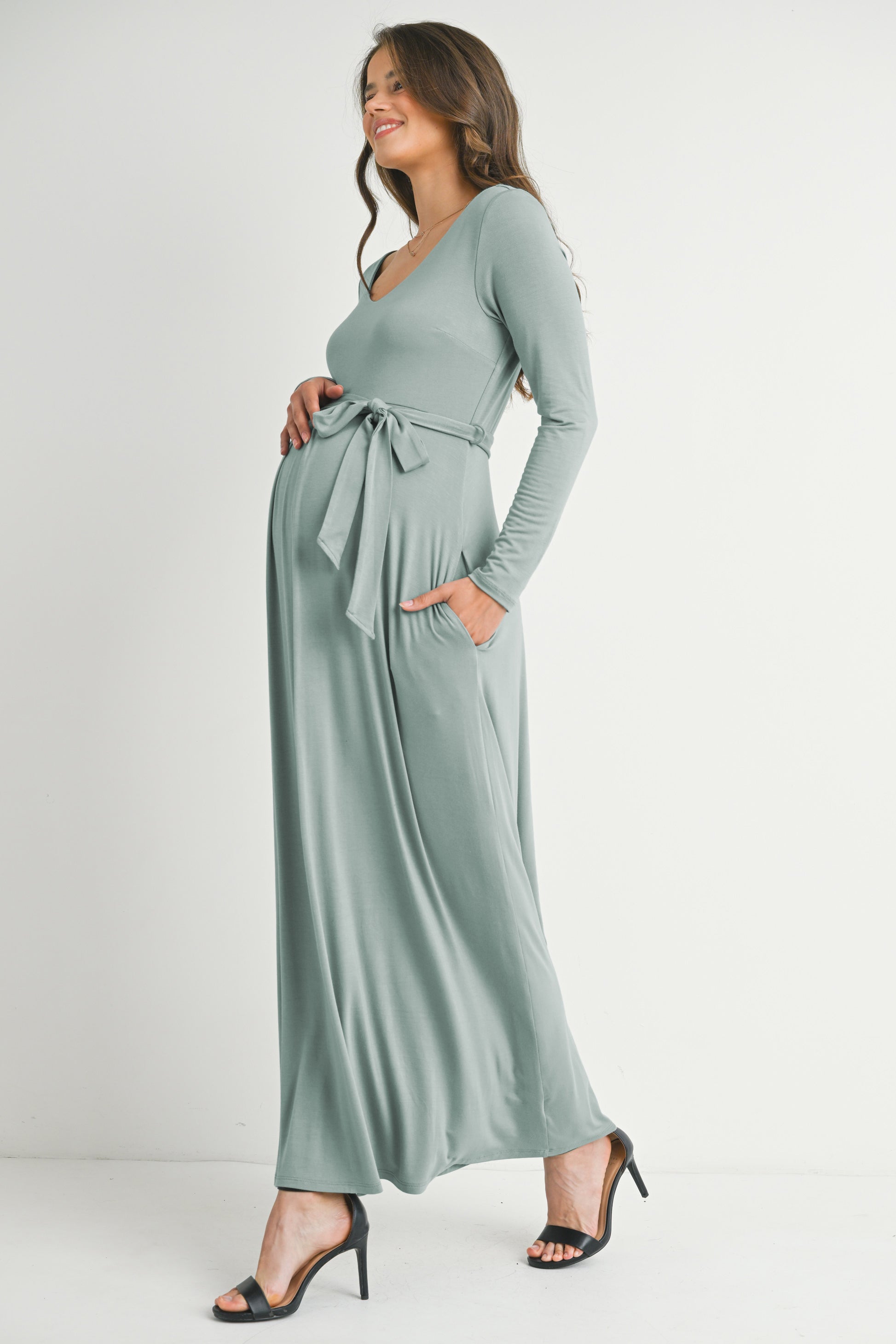 Sage Long Sleeve V Neck Maternity Maxi Dress with Waist Belt Side View