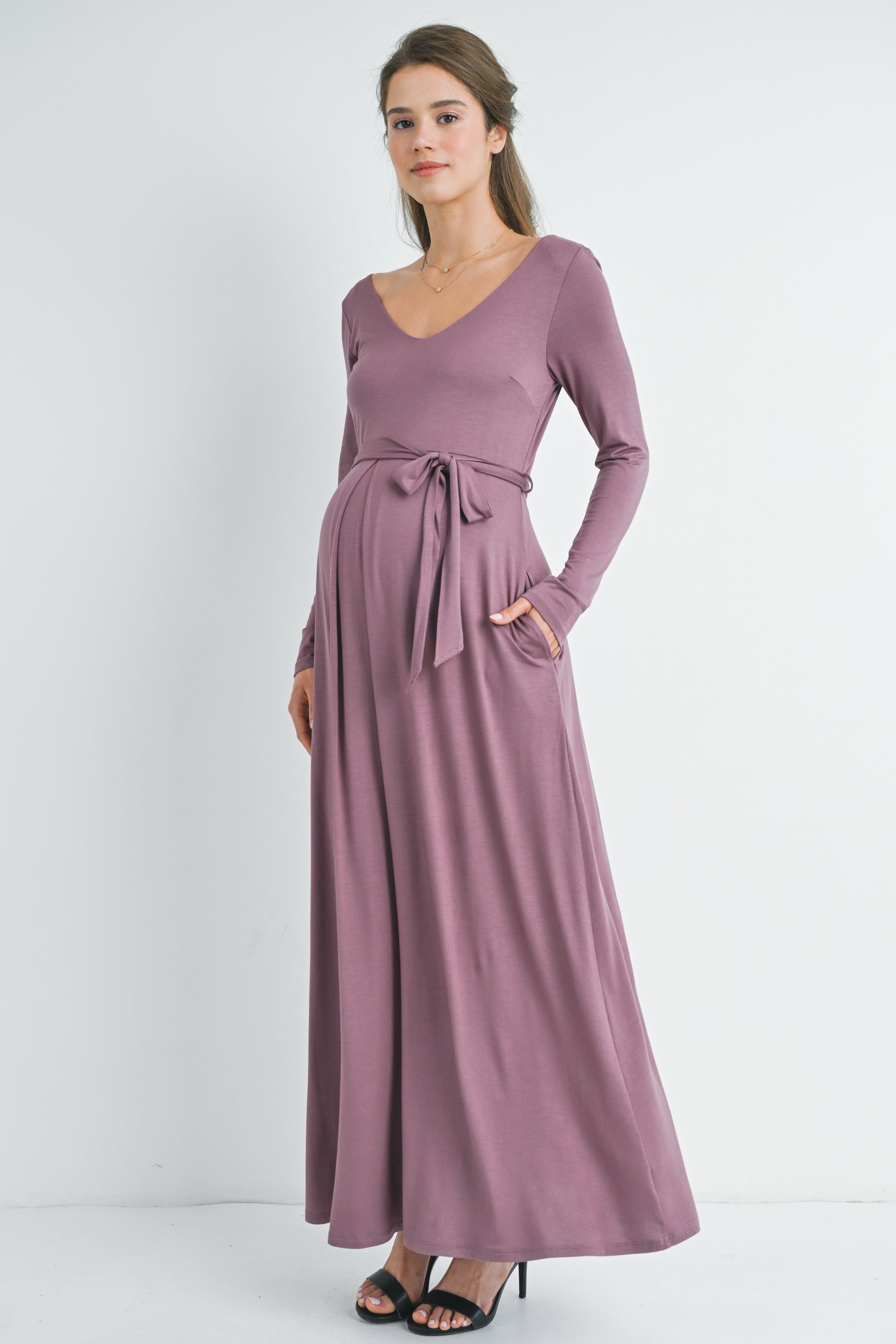 Mauve Long Sleeve V Neck Maternity Maxi Dress Side View