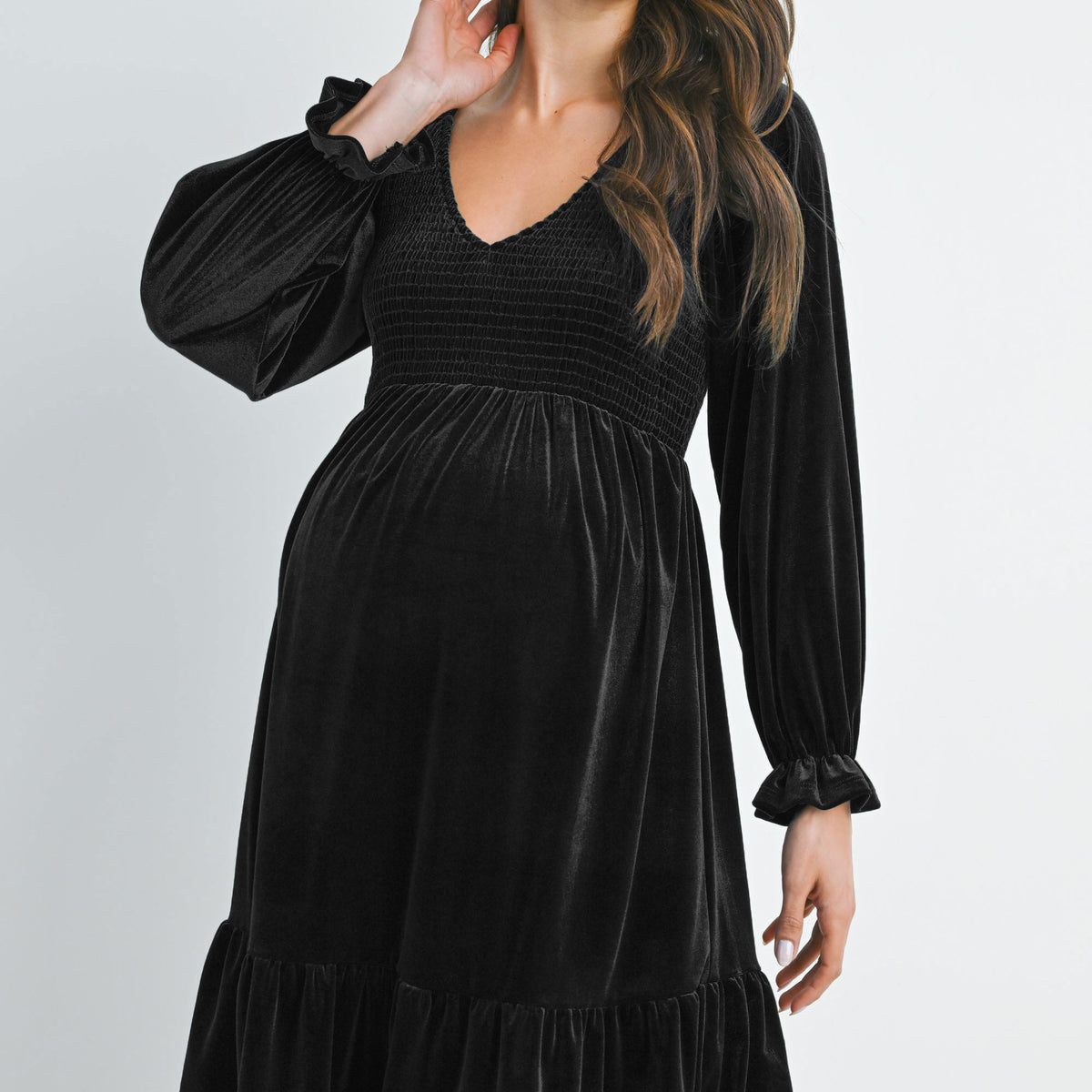 Black Velvet Smocked V Neck Long Sleeve Ruffle Maternity Dress Front View