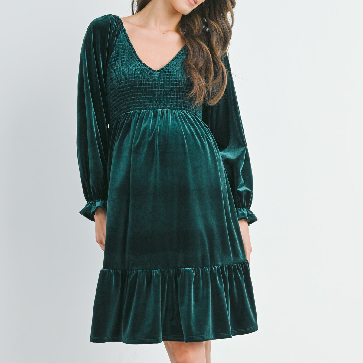 Green Velvet Smocked V Neck Long Sleeve Ruffle Maternity Dress Front View