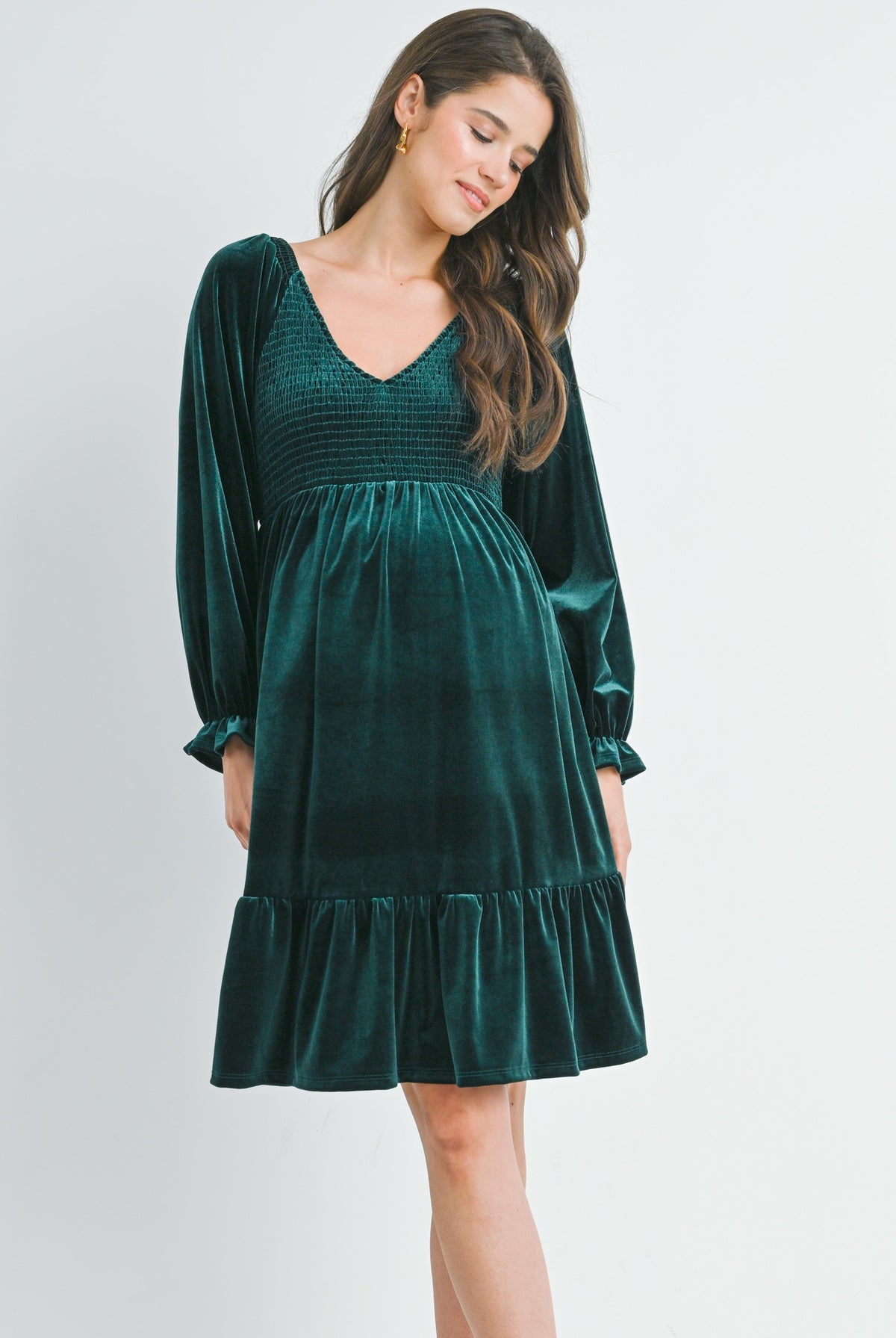 Green Velvet Smocked V Neck Long Sleeve Ruffle Maternity Dress Front View