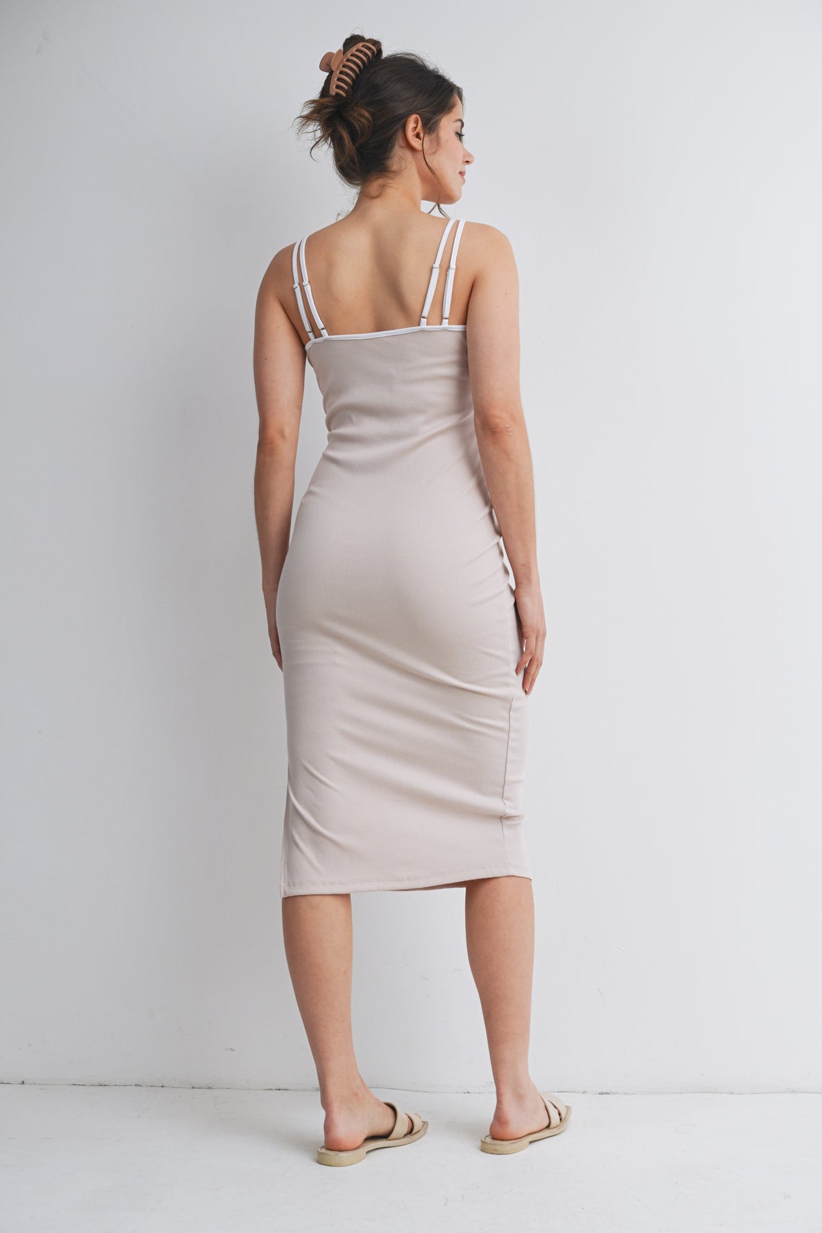 Taupe/White Ribbed Bodycon Maternity Midi Dress with Contrast Double Straps and Side Slit Back View