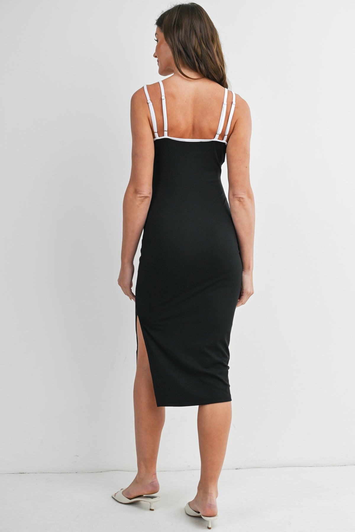 Black/White Ribbed Bodycon Maternity Midi Dress with Contrast Double Straps and Side Slit Back View