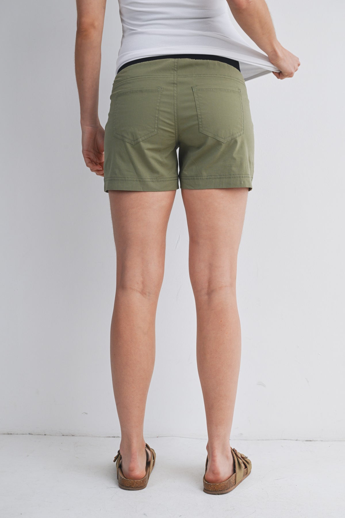 Olive Over The Belly Cargo Maternity Shorts with Front Pockets Back View